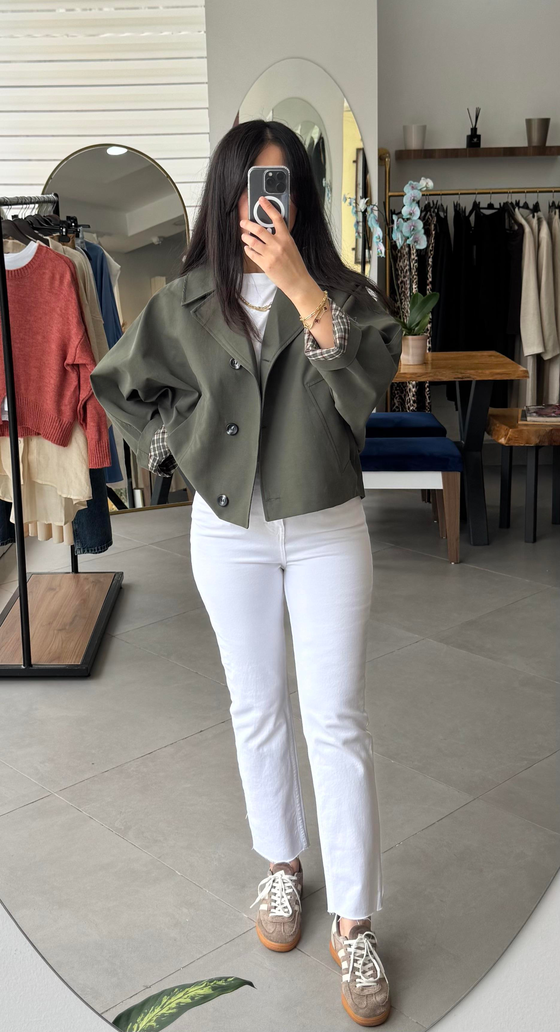 Oversize Yarasa Kol Ekose Astarlı Haki Trençkot