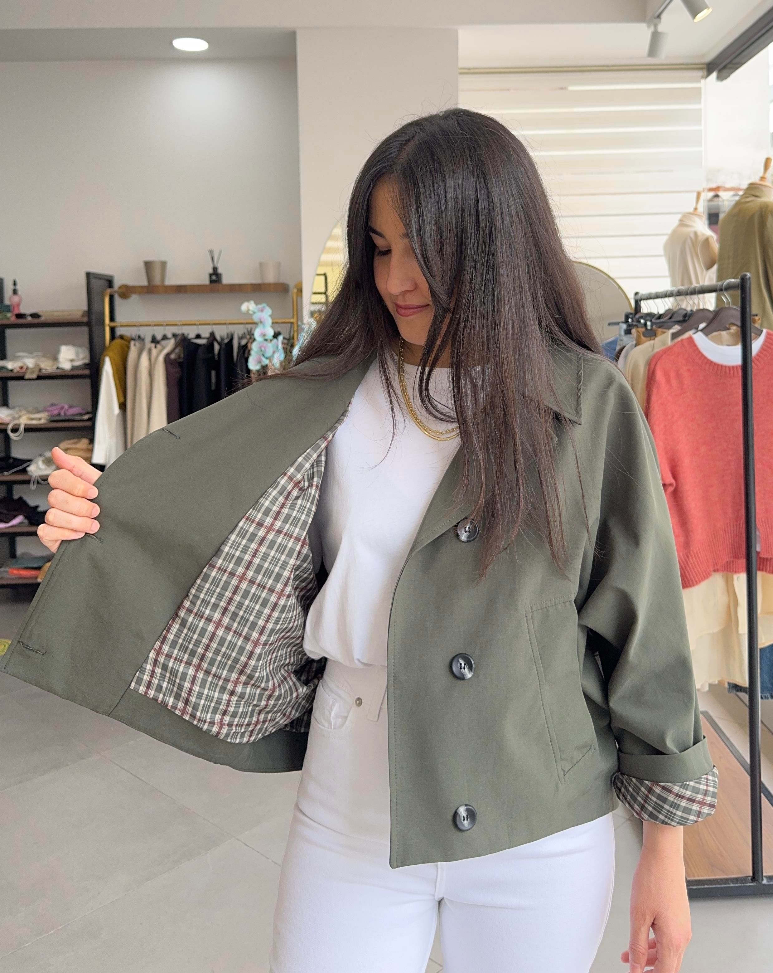 Oversize Yarasa Kol Ekose Astarlı Haki Trençkot