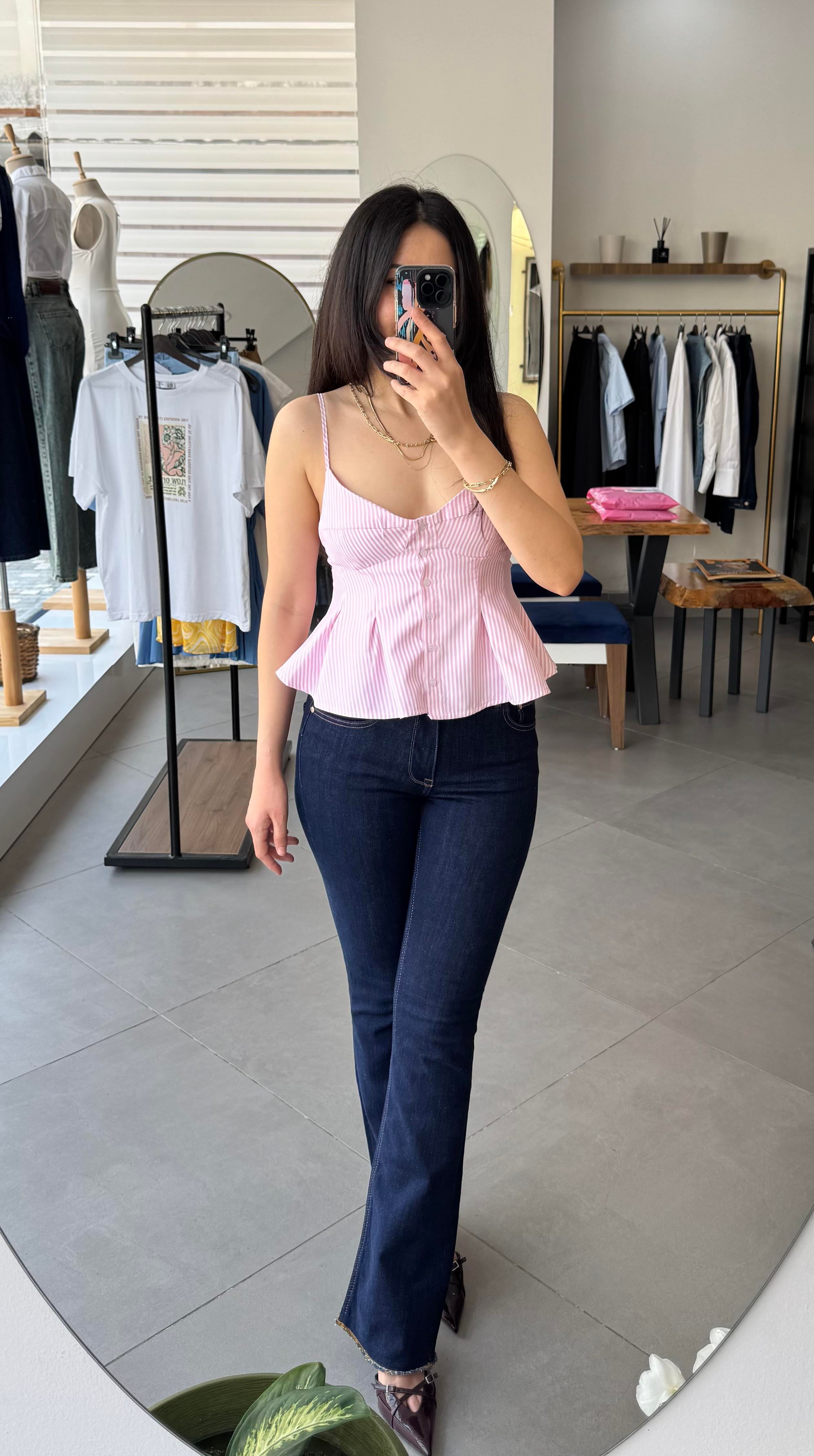 Pembe Kuplu Pileli Ön Düğmeli Poplin Askılı Bluz