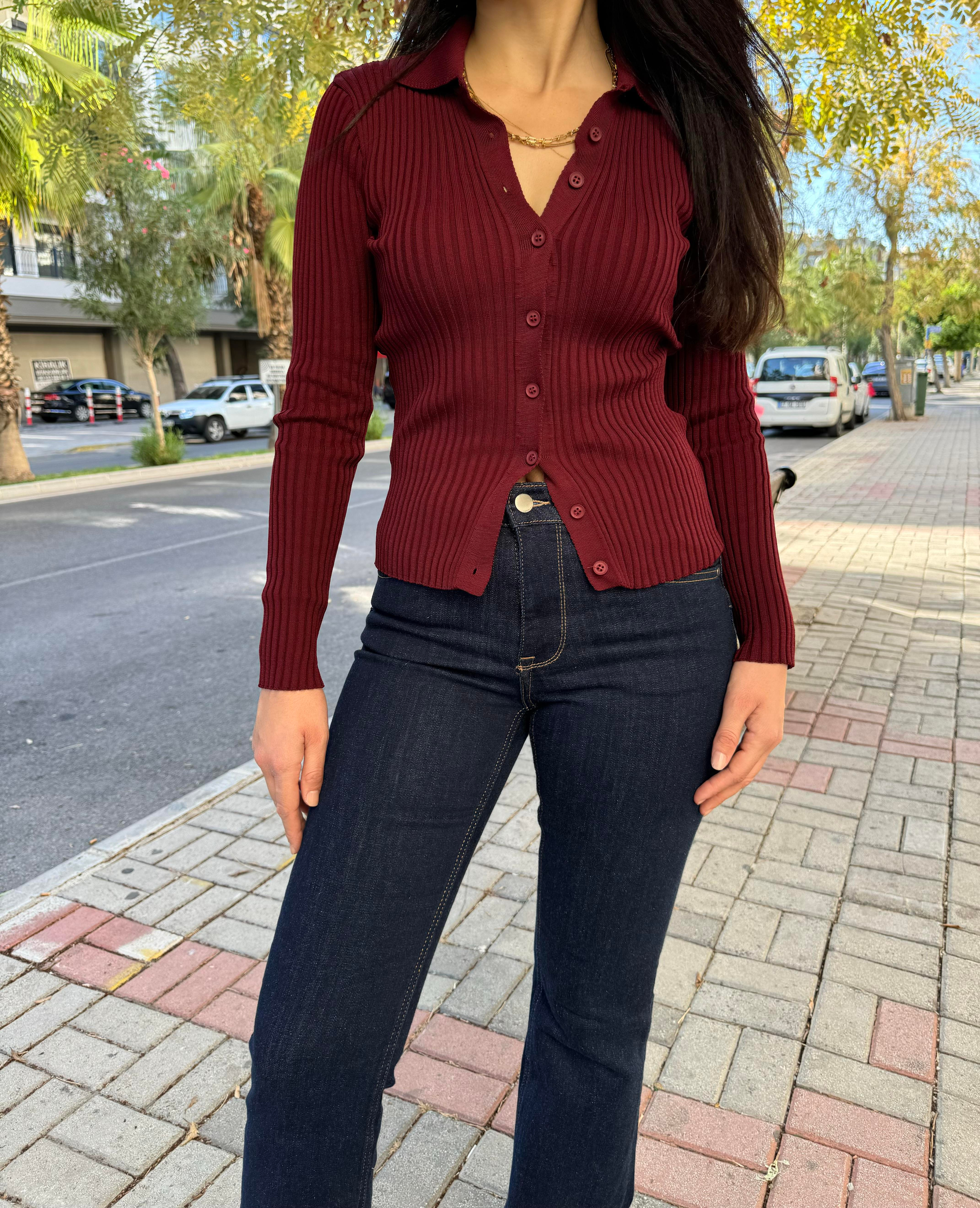 Polo Yaka Düğmeli Bordo Triko