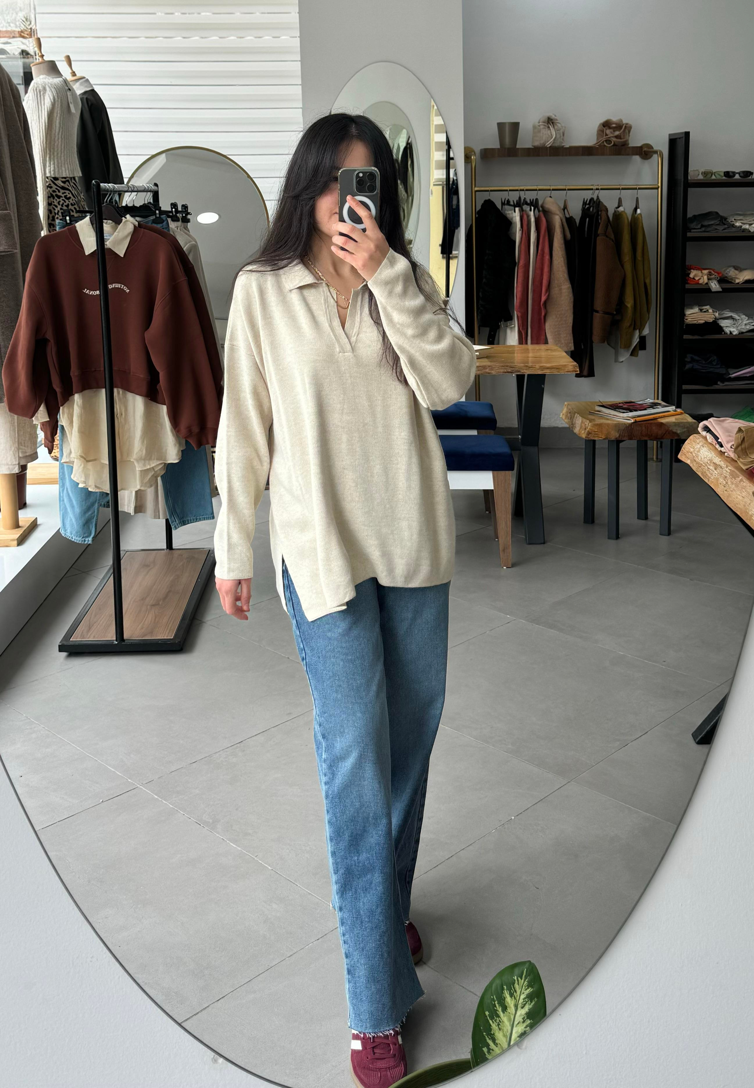 Polo Yaka Oversize Ekru Triko Kazak