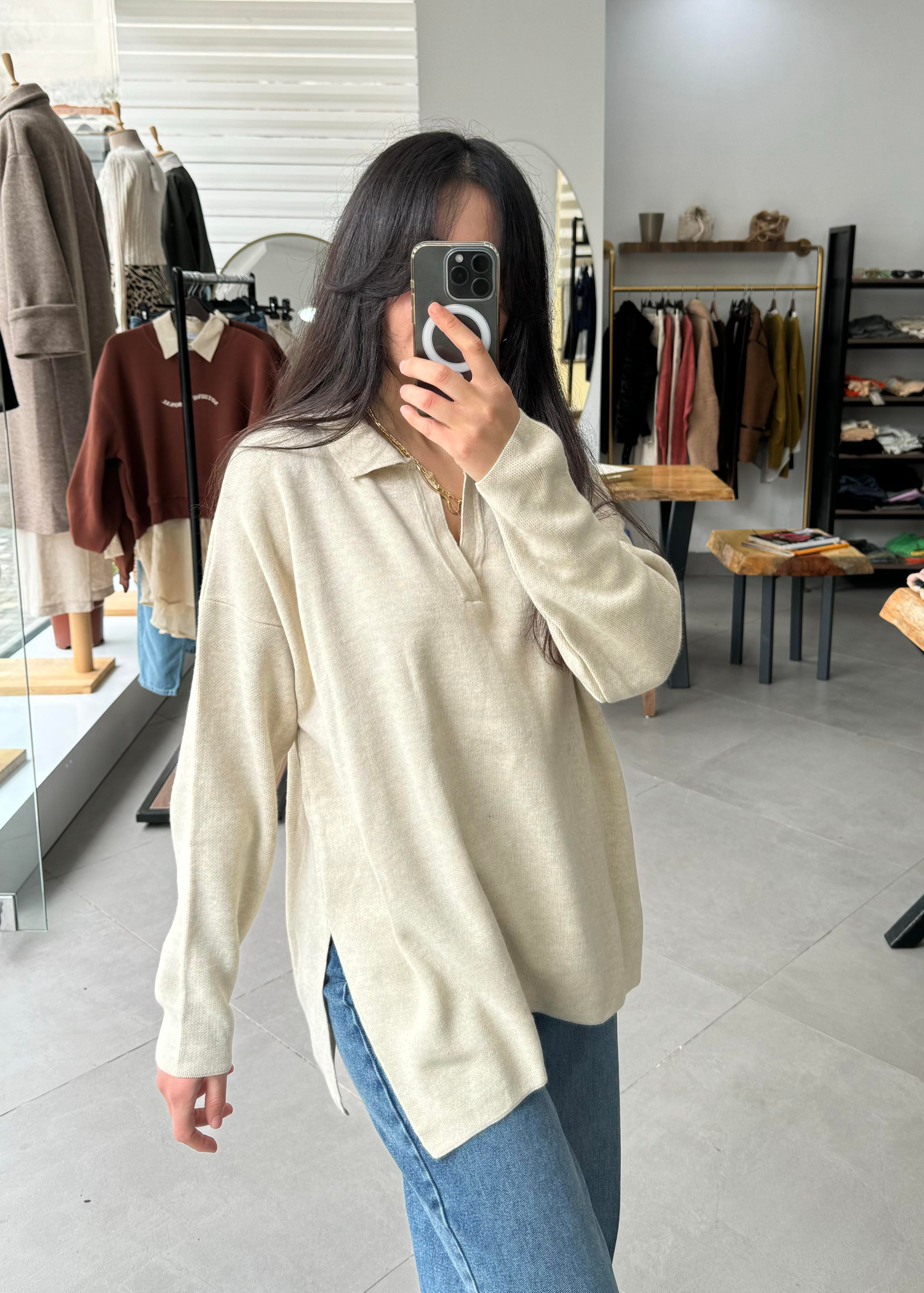 Polo Yaka Oversize Ekru Triko Kazak