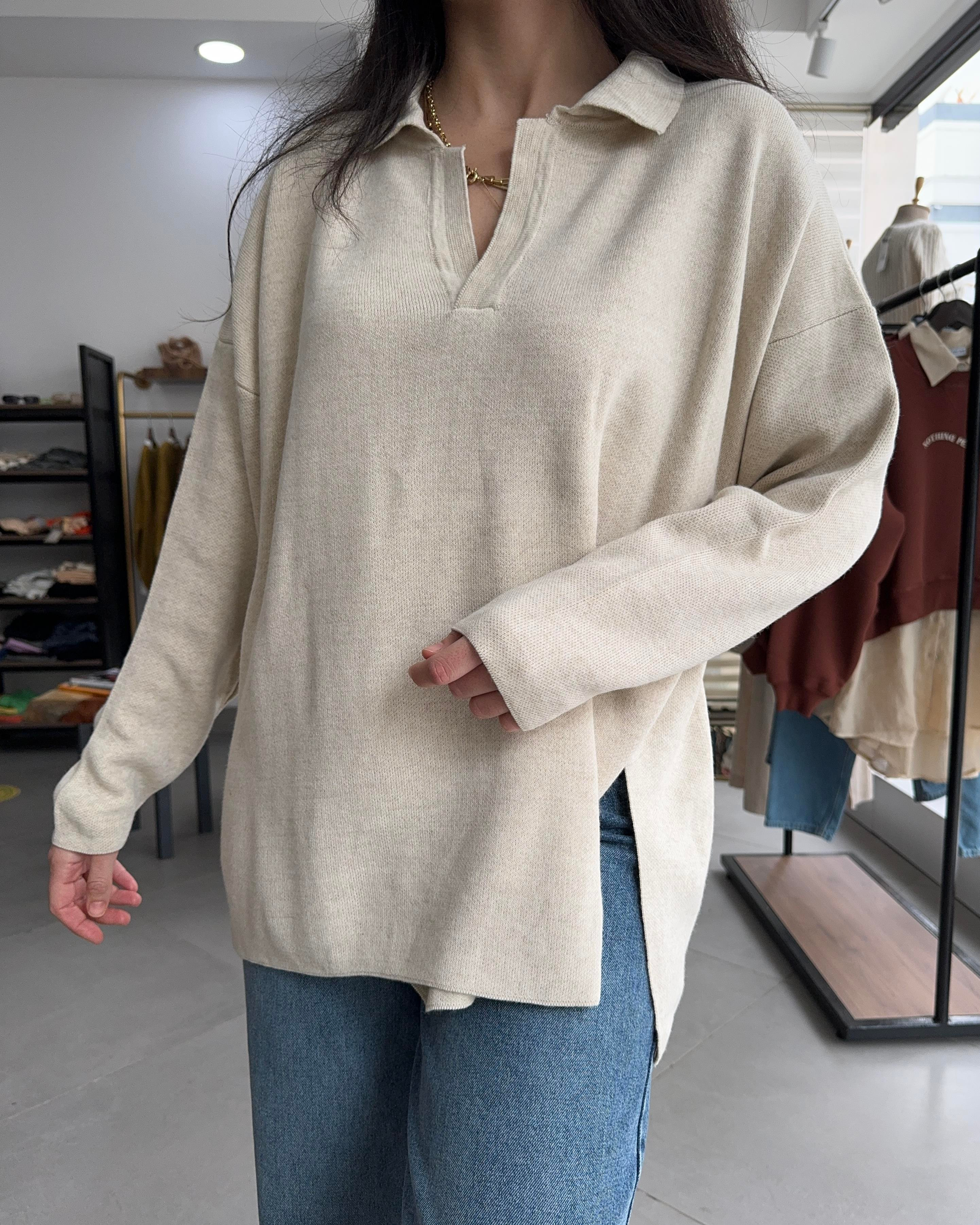 Polo Yaka Oversize Ekru Triko Kazak