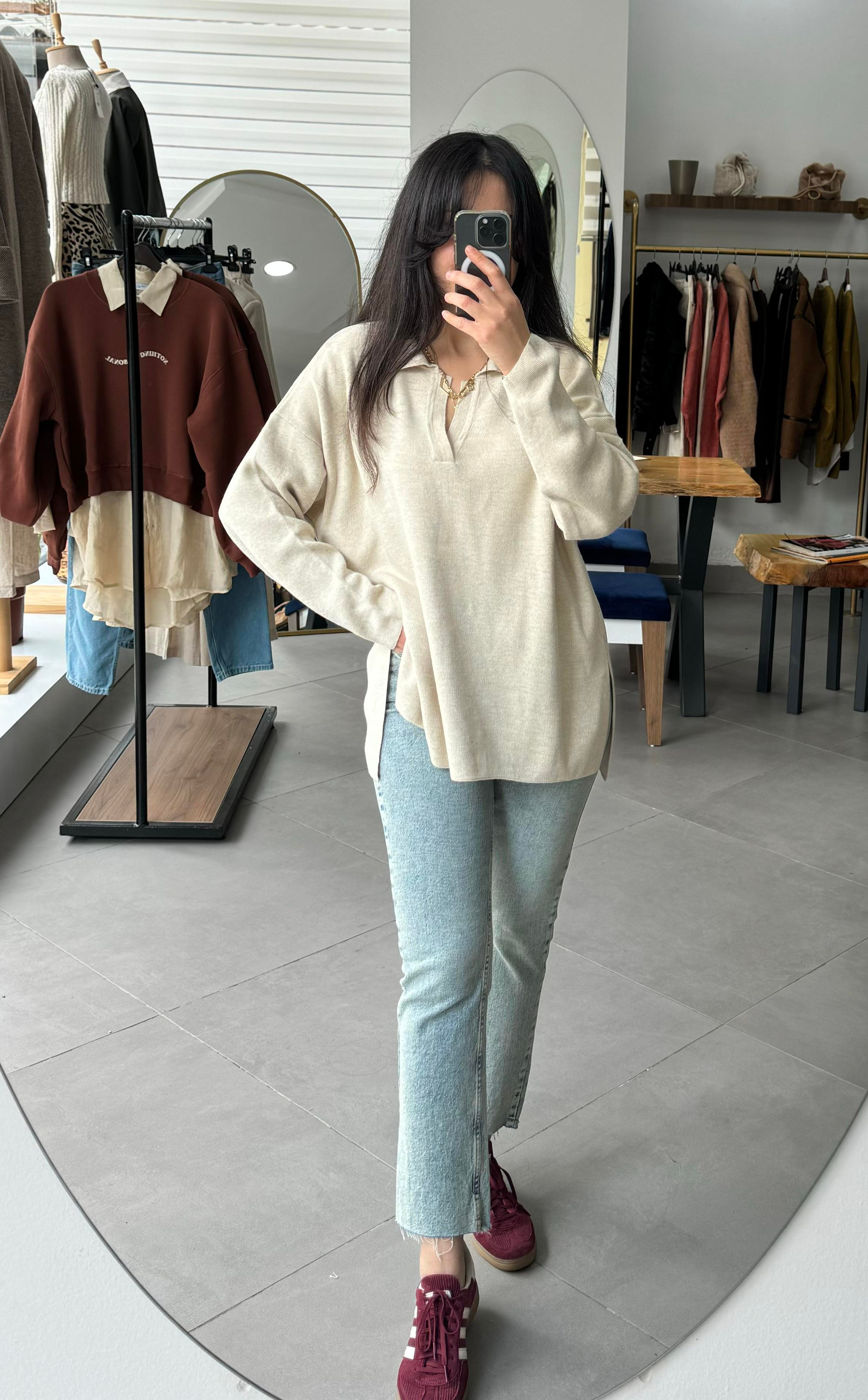Polo Yaka Oversize Ekru Triko Kazak