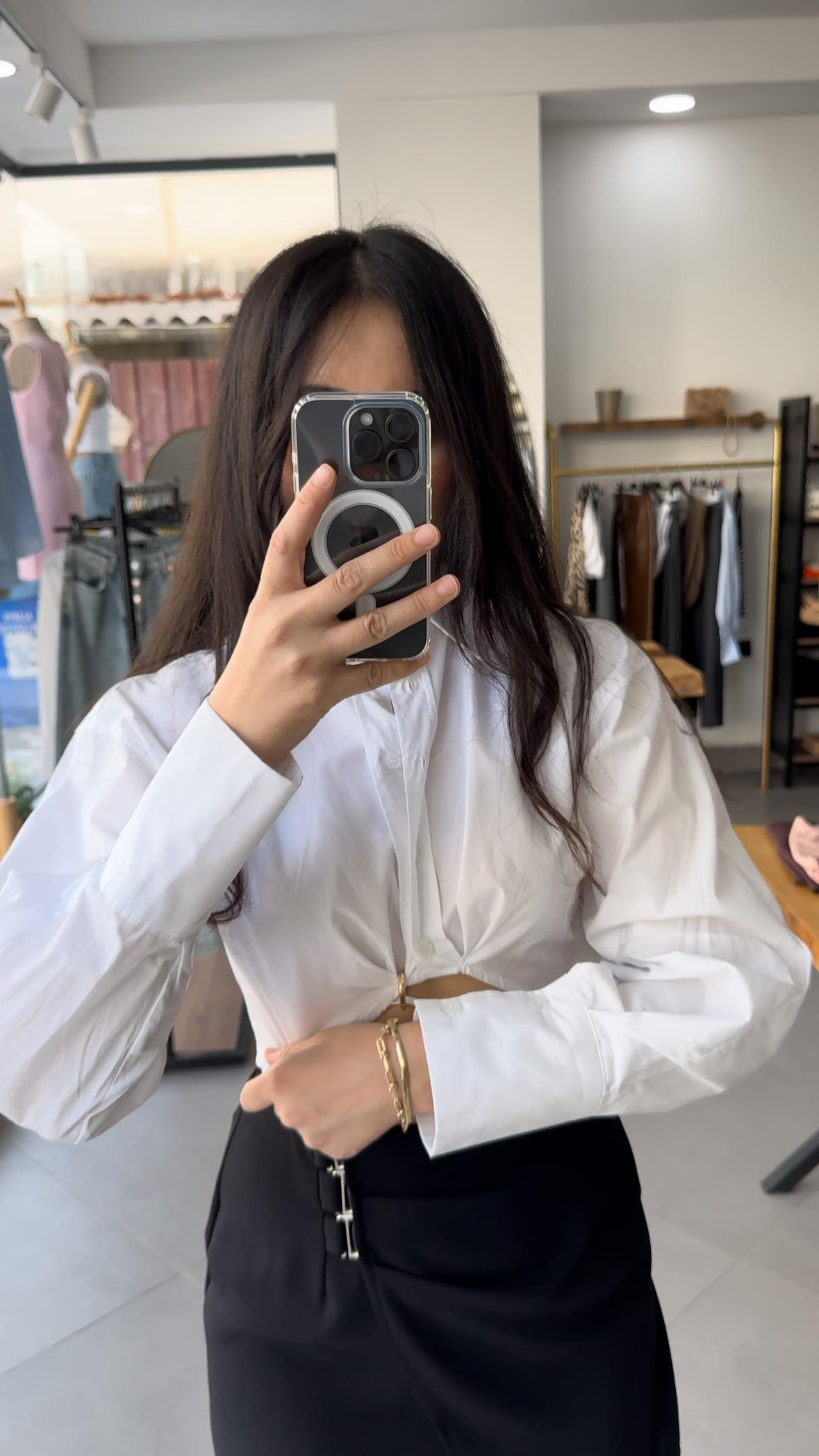 Poplin Crop Bağlamalı Beyaz Gömlek 