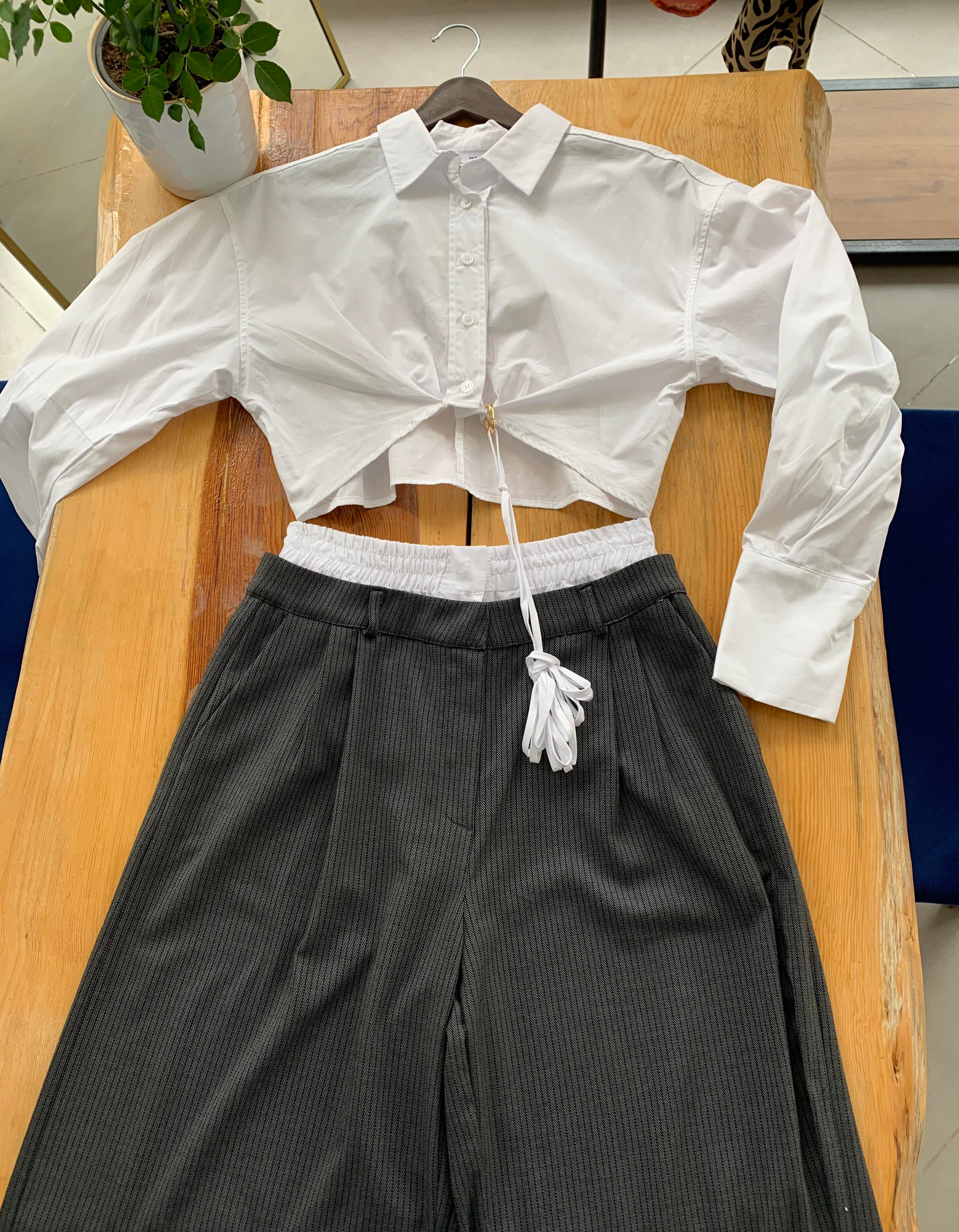 Poplin Crop Bağlamalı Beyaz Gömlek 