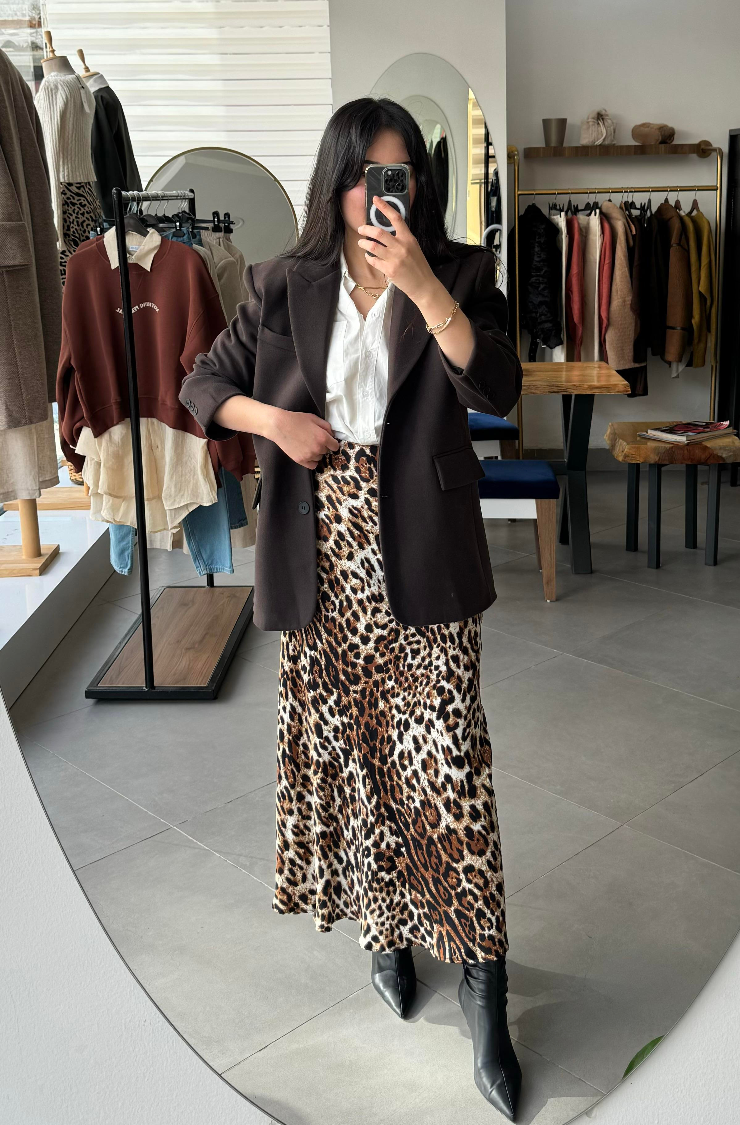 Saten Leopar Maksi Etek