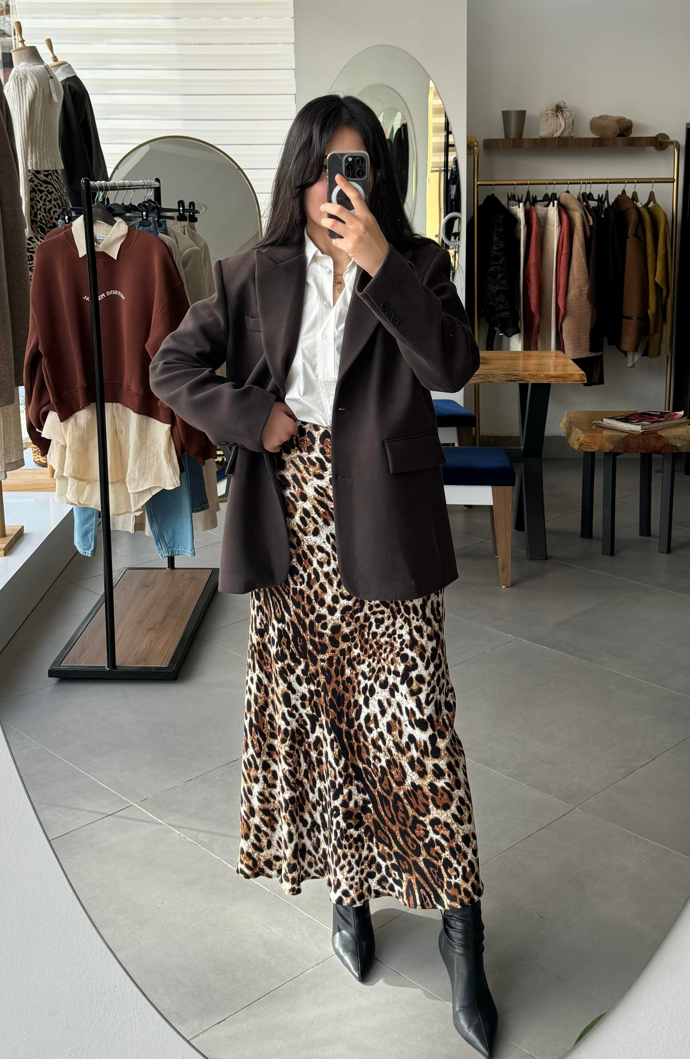 Saten Leopar Maksi Etek