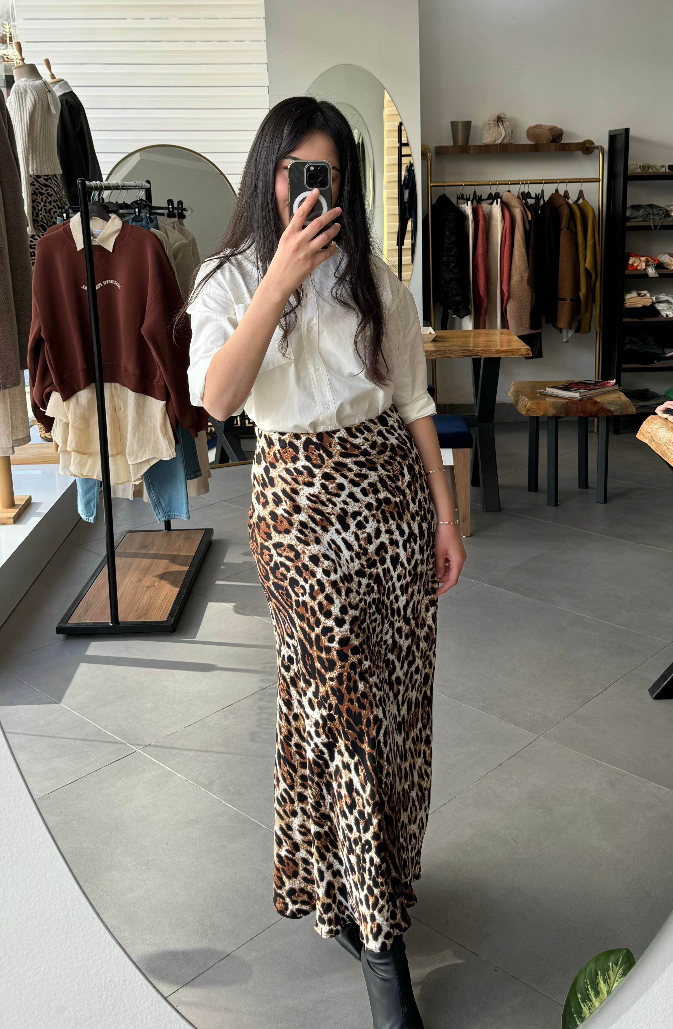 Saten Leopar Maksi Etek