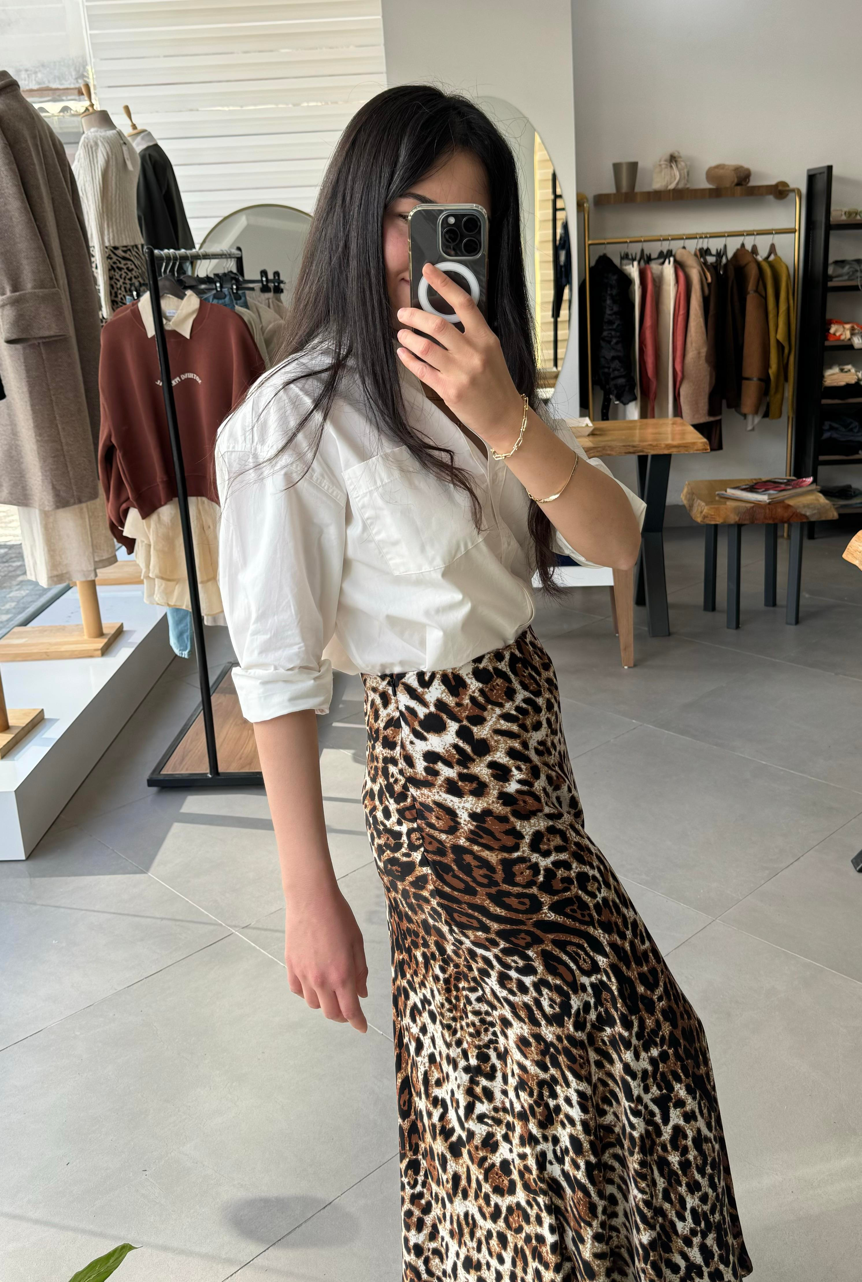 Saten Leopar Maksi Etek