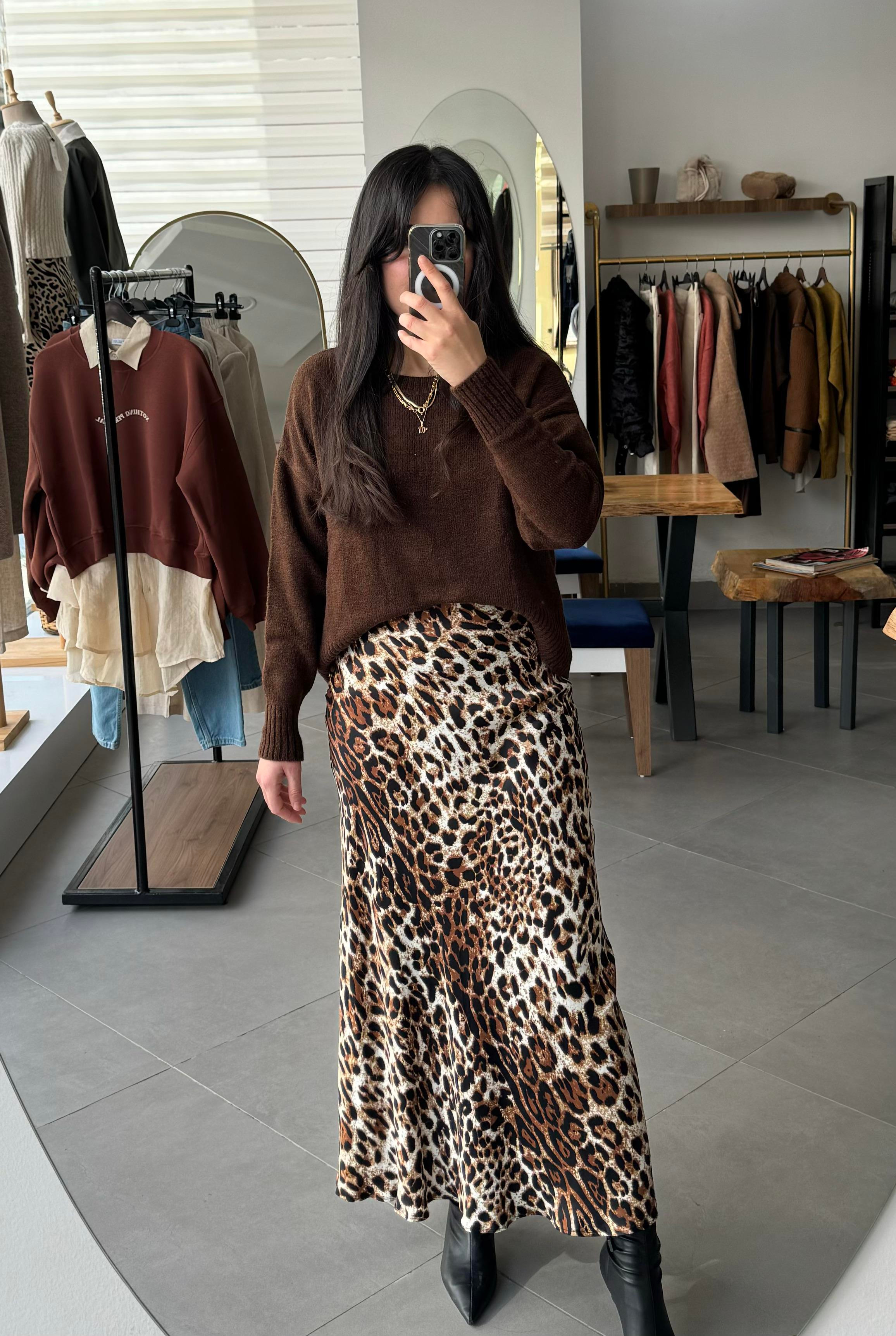 Saten Leopar Maksi Etek