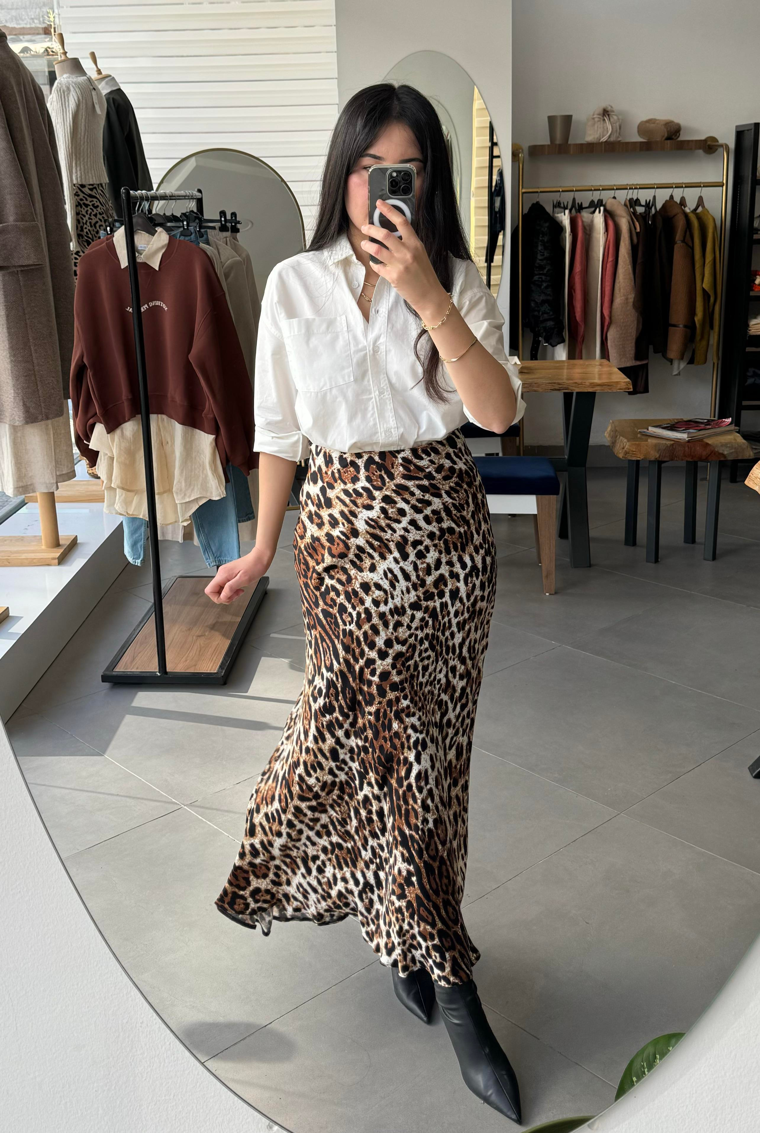 Saten Leopar Maksi Etek
