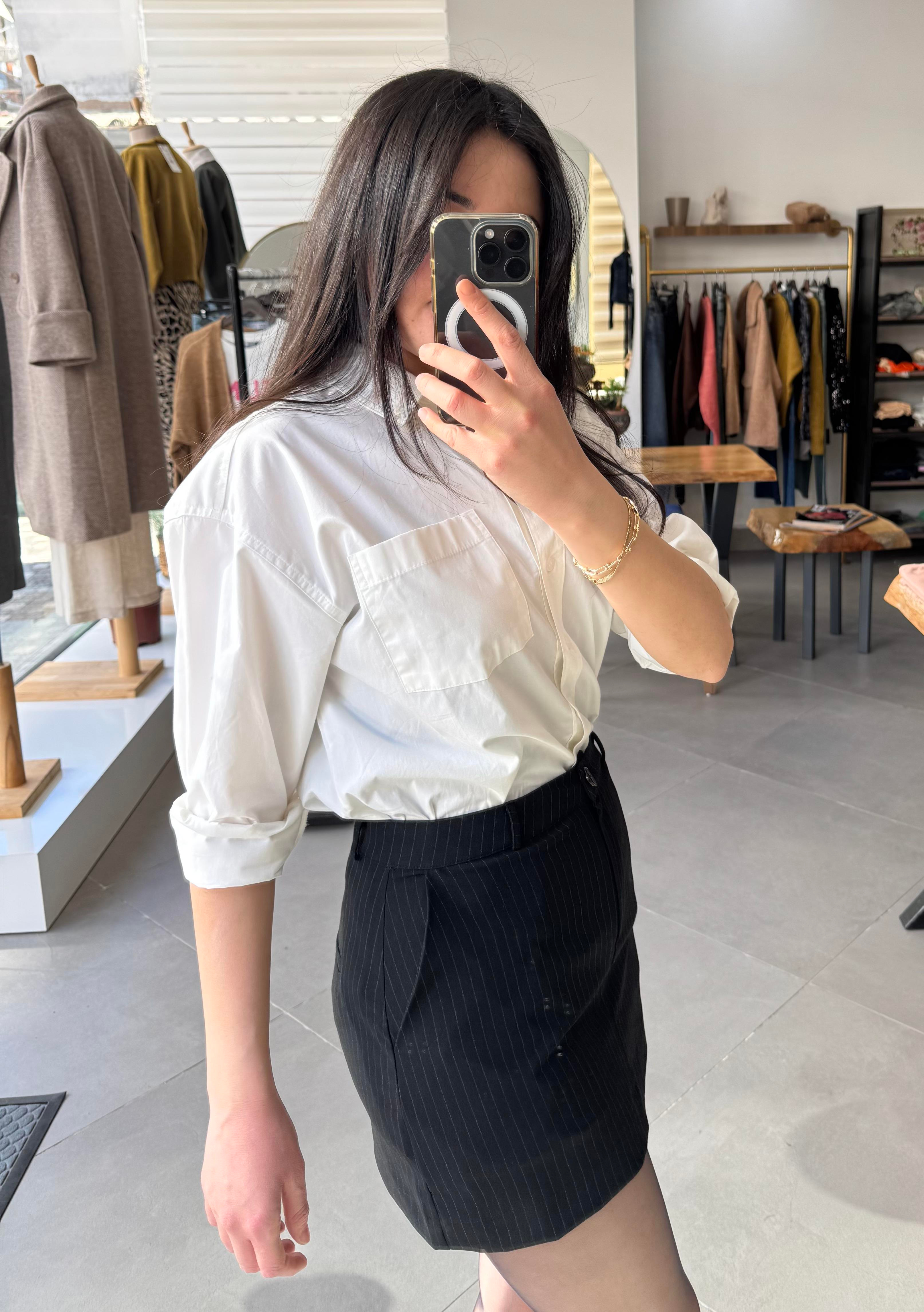 Siyah Çizgili Cep Detaylı Mini Etek