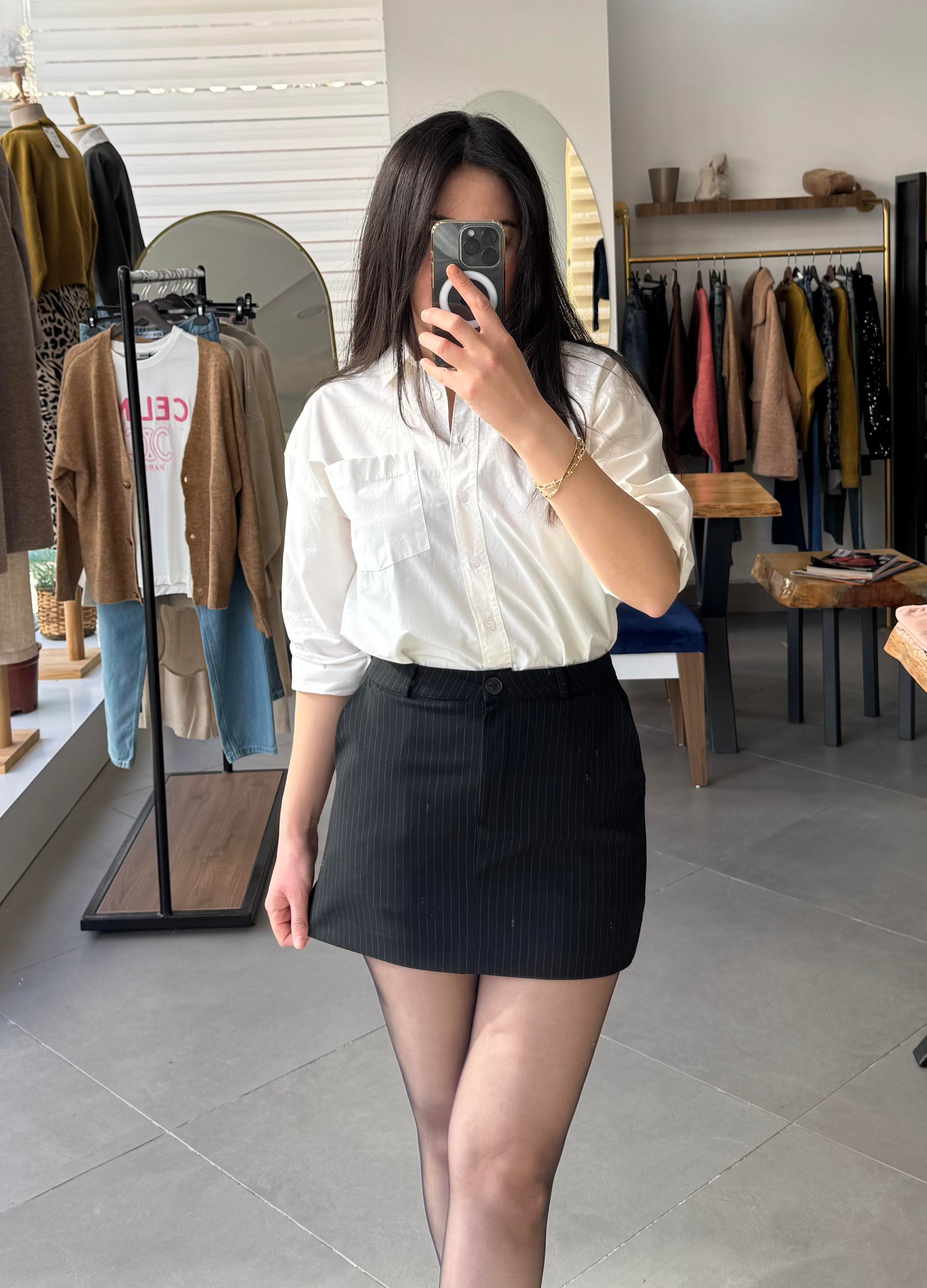 Siyah Çizgili Cep Detaylı Mini Etek