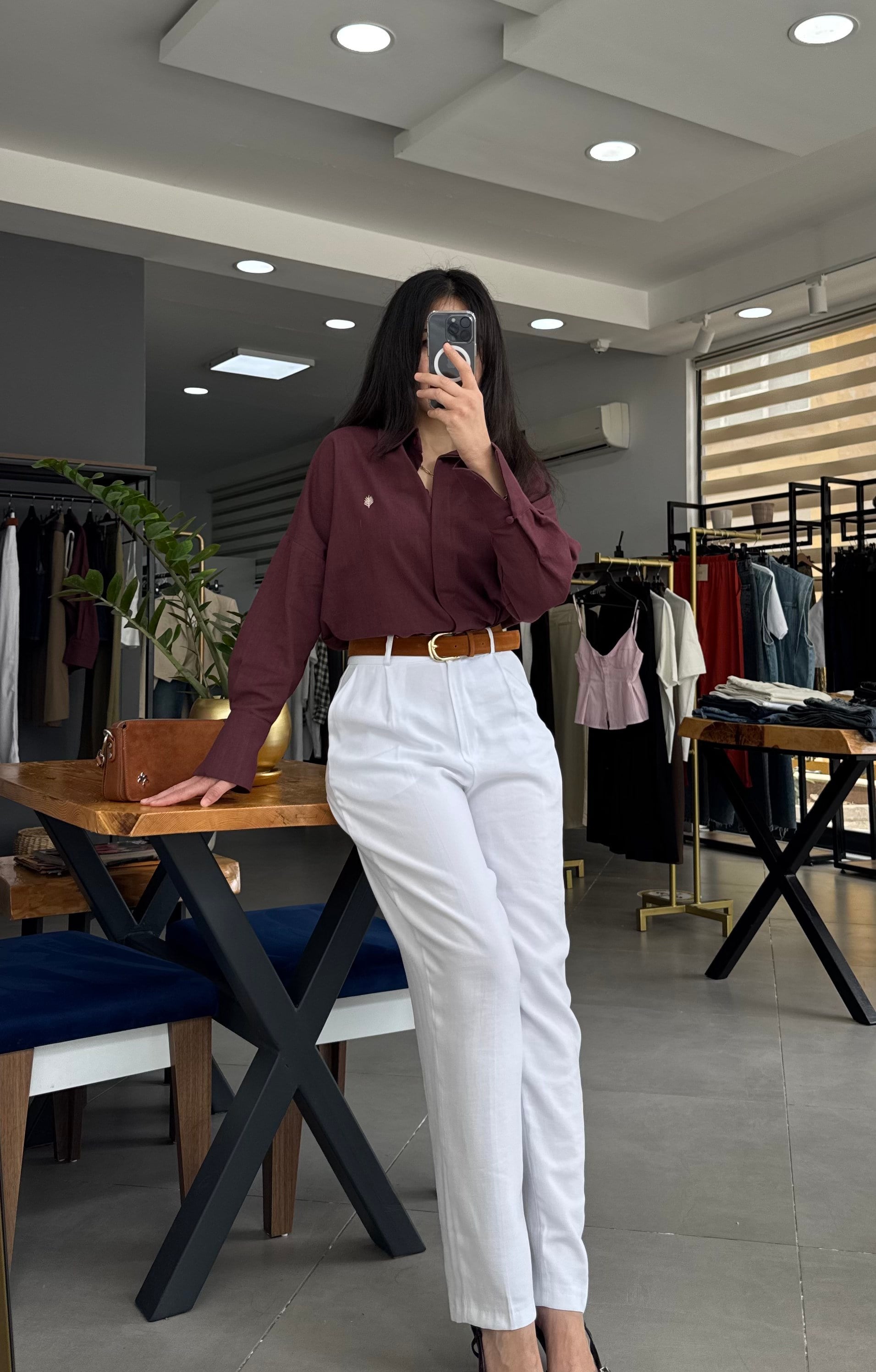Süet Kemerli Tok Tencel Beyaz Pantolon