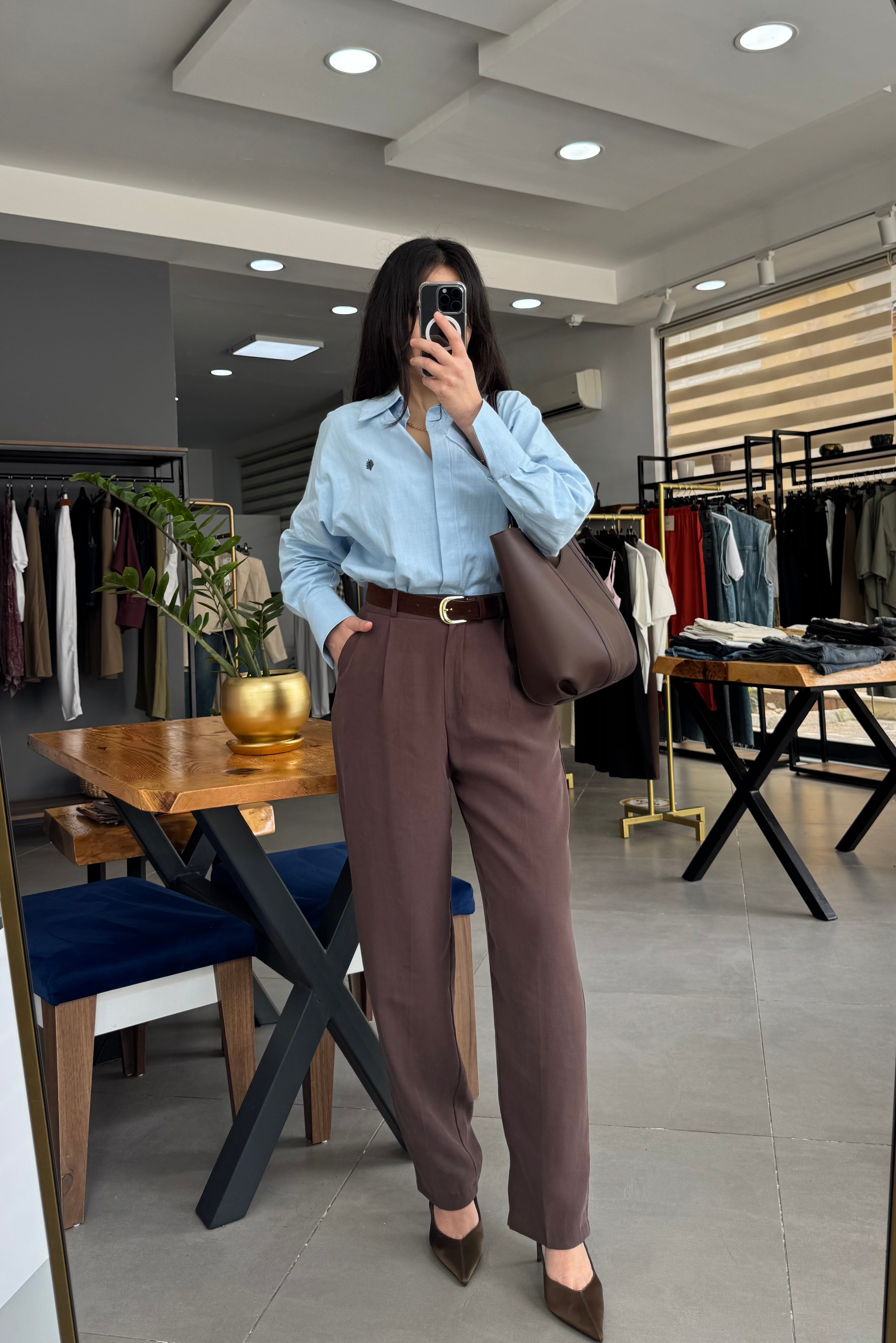 Süet Kemerli Tok Tencel Kahve Pantolon