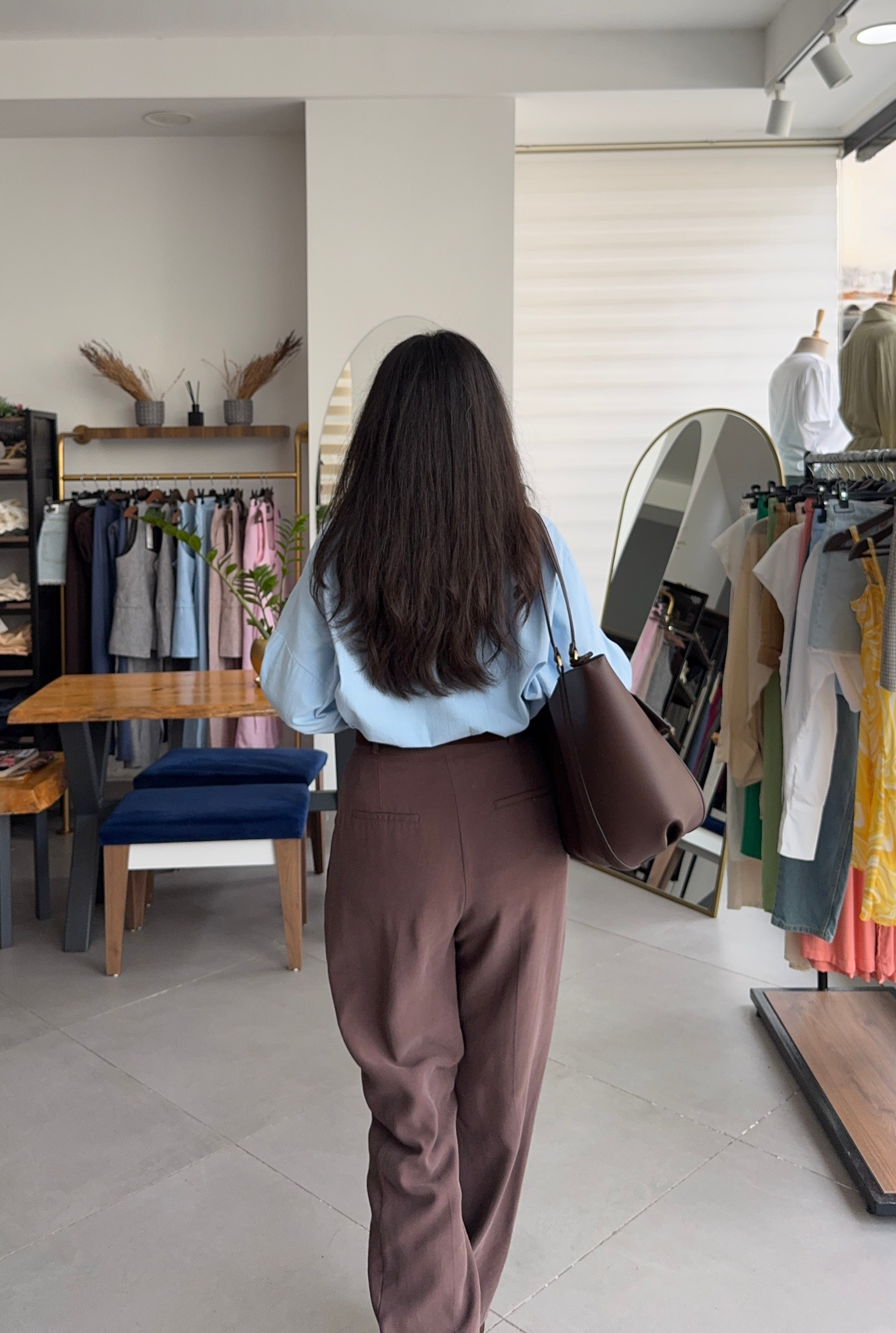Süet Kemerli Tok Tencel Kahve Pantolon