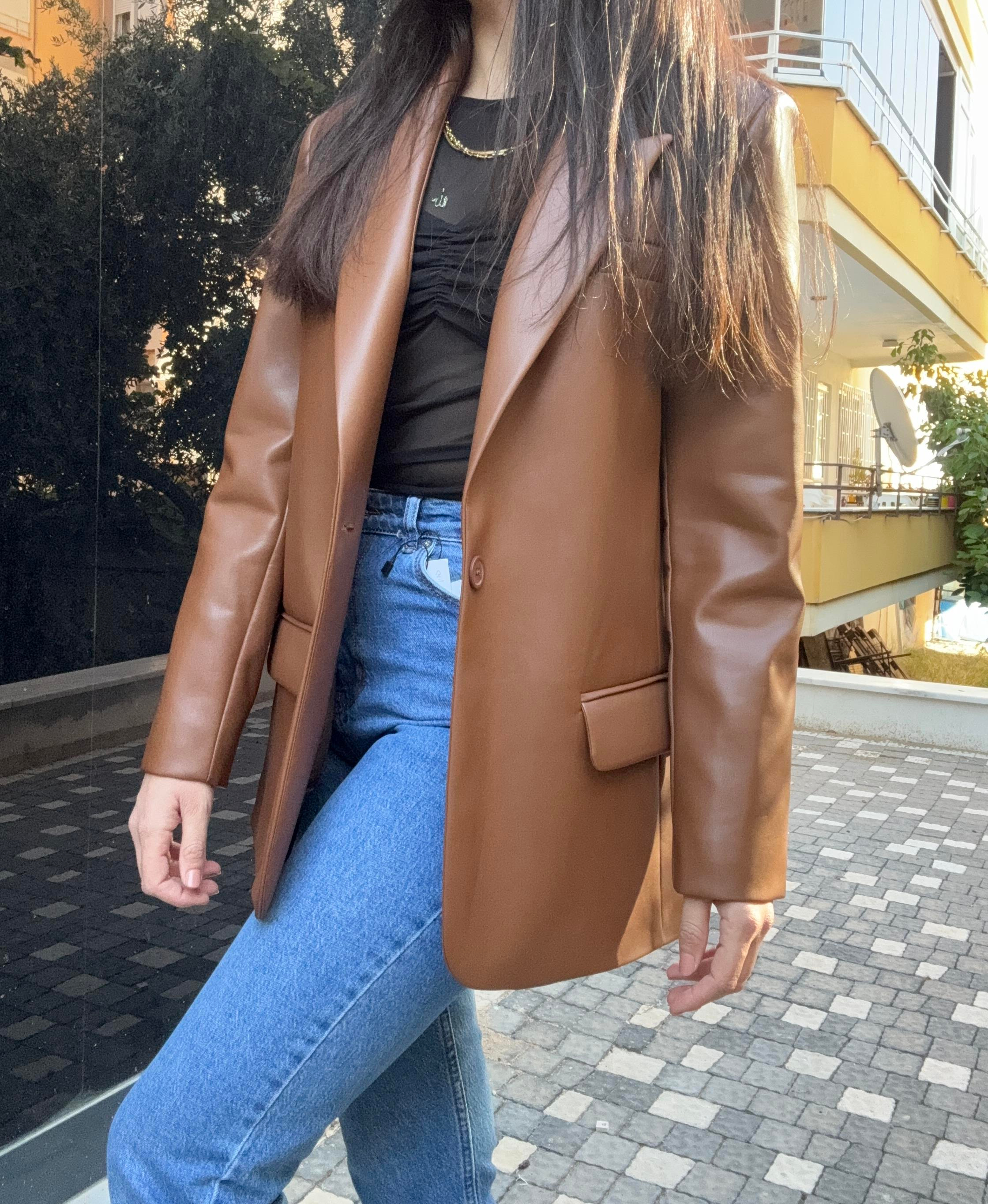 Suni Deri Astarlı Kahve Blazer Ceket
