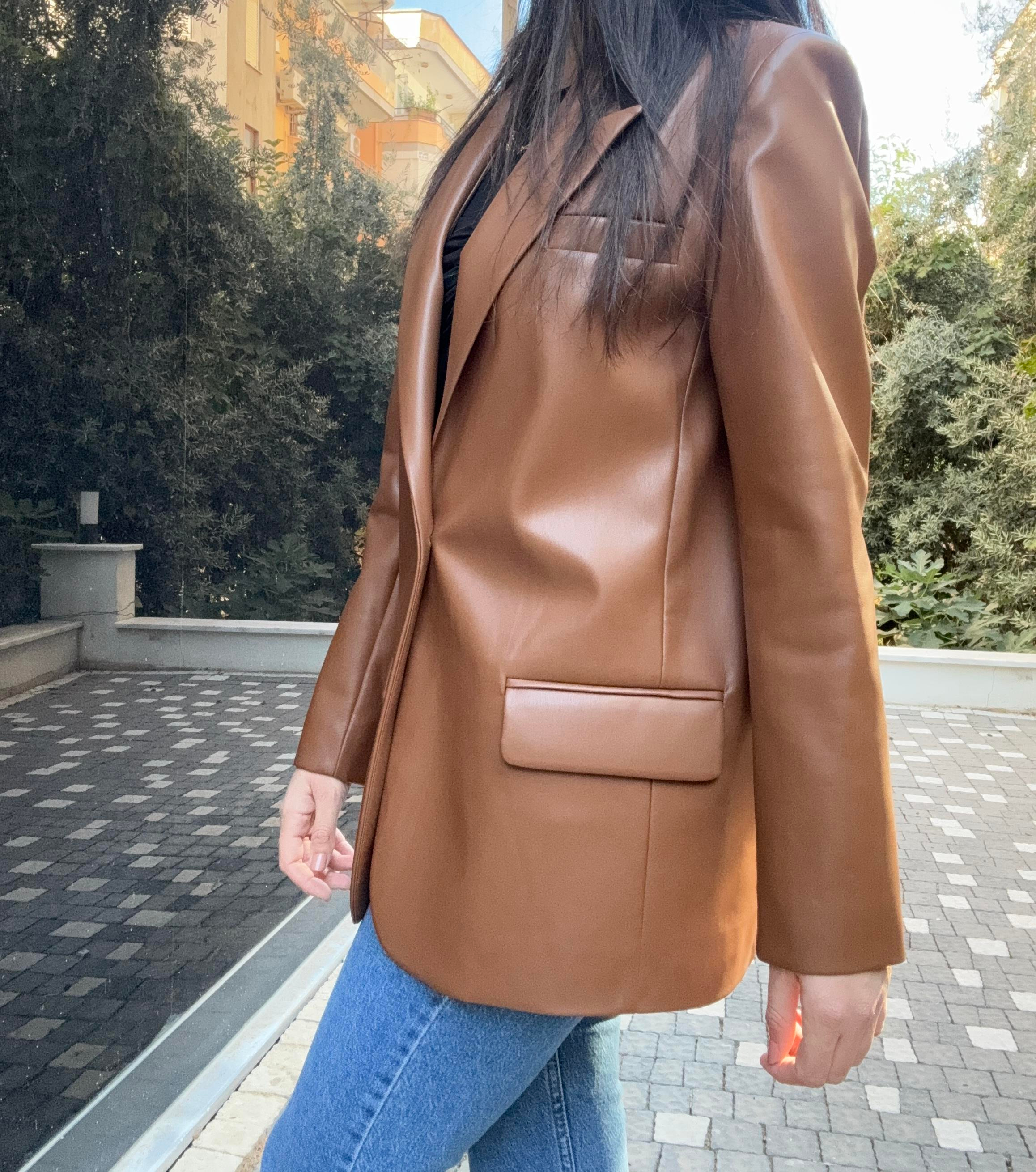 Suni Deri Astarlı Kahve Blazer Ceket