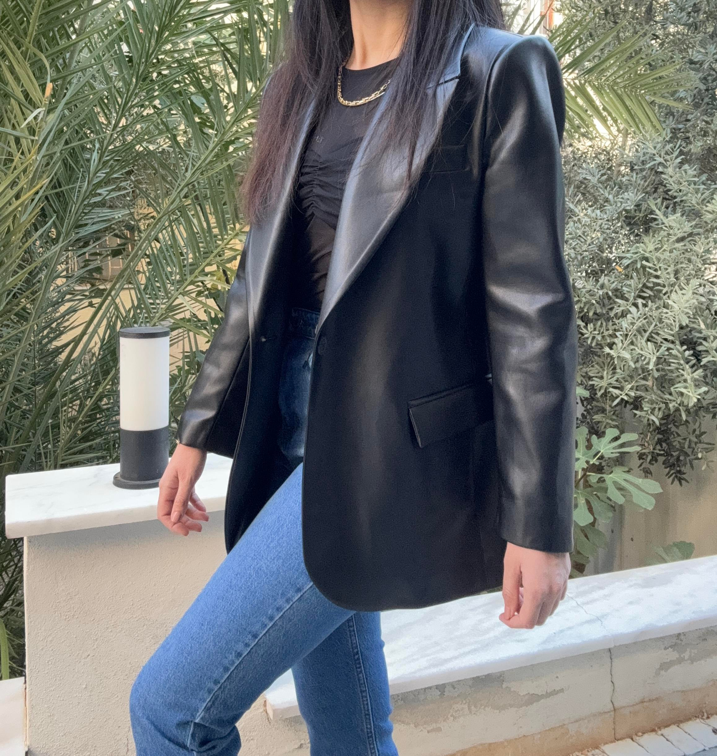 Suni Deri Astarlı Siyah Blazer Ceket