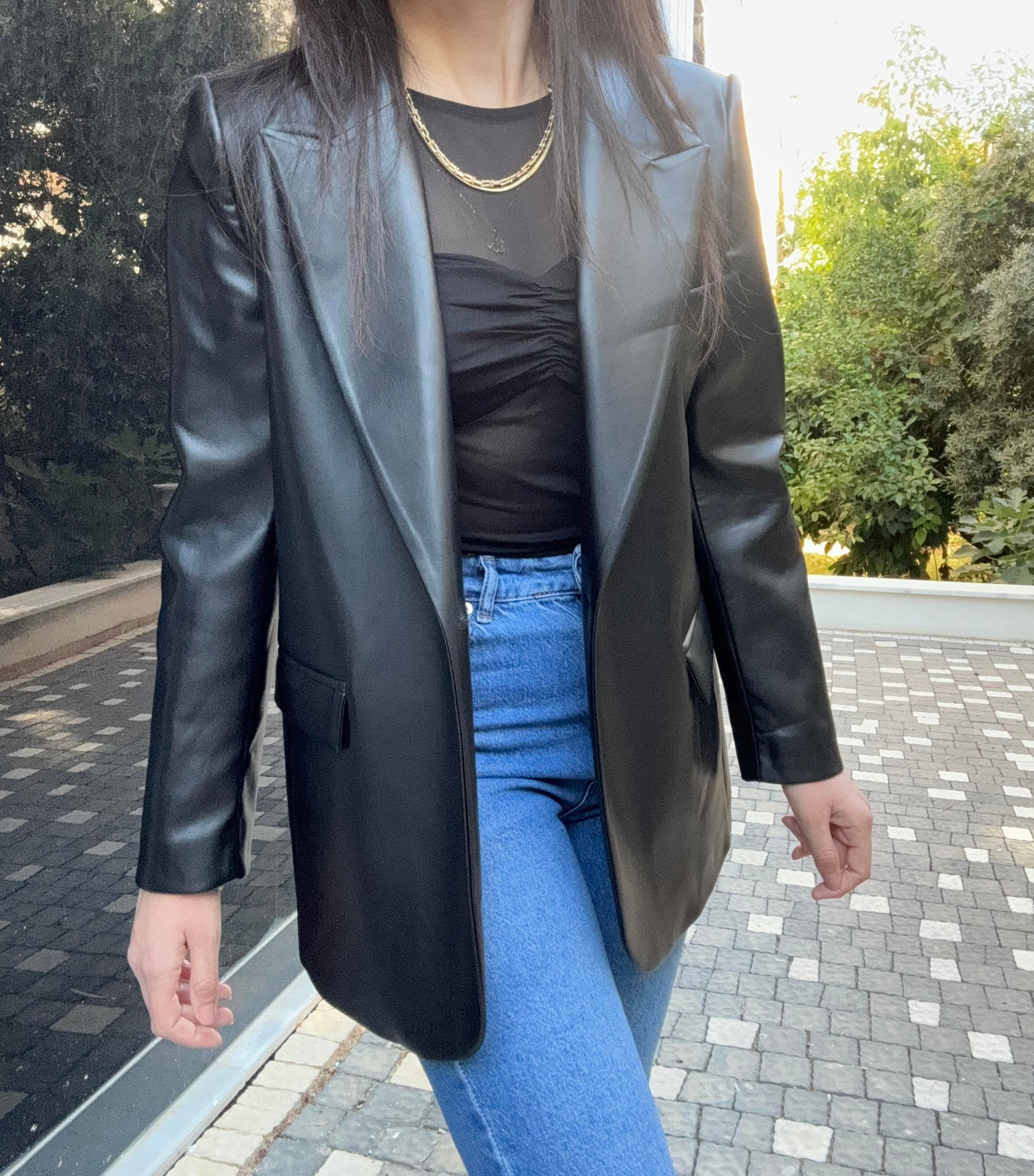 Suni Deri Astarlı Siyah Blazer Ceket