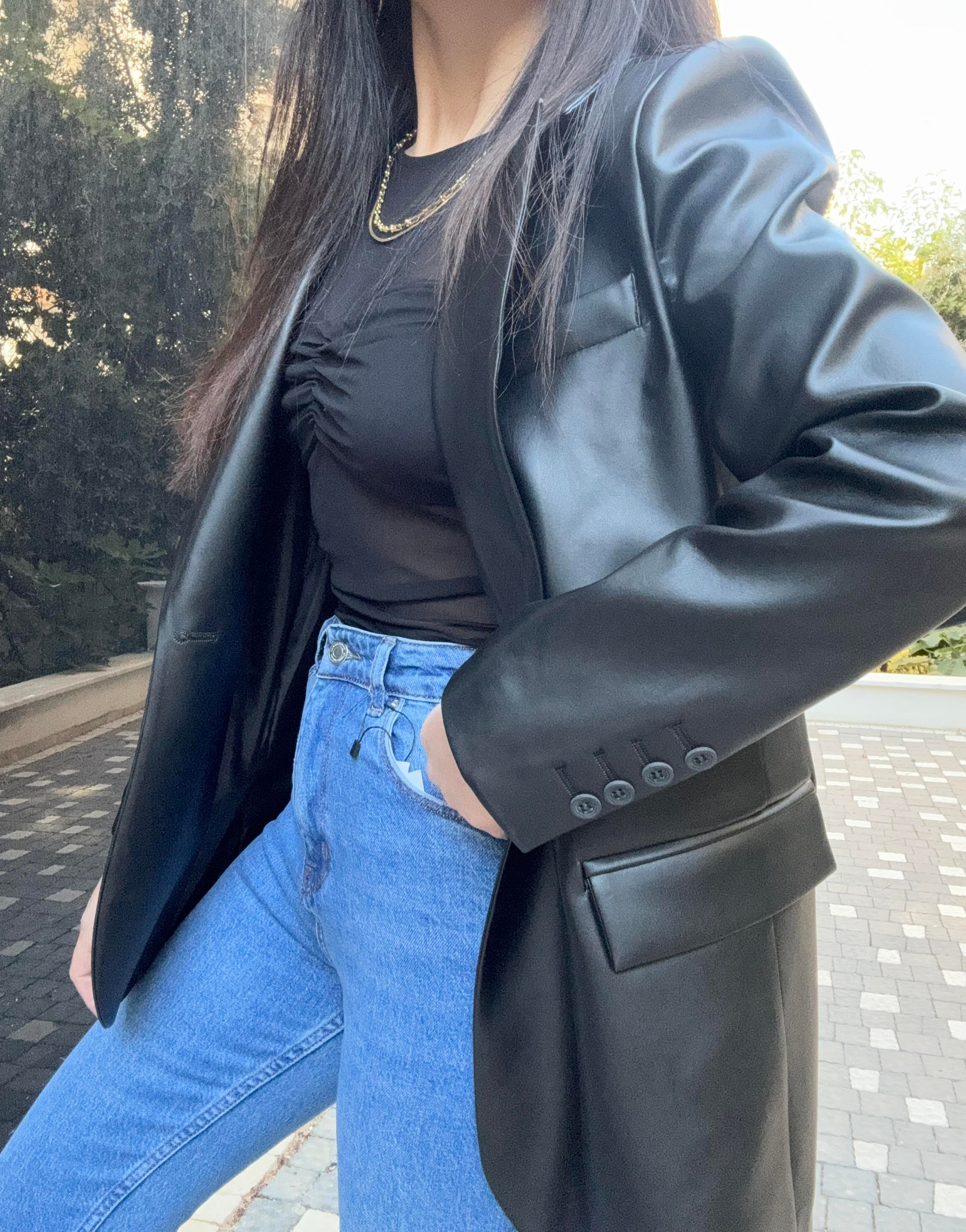 Suni Deri Astarlı Siyah Blazer Ceket