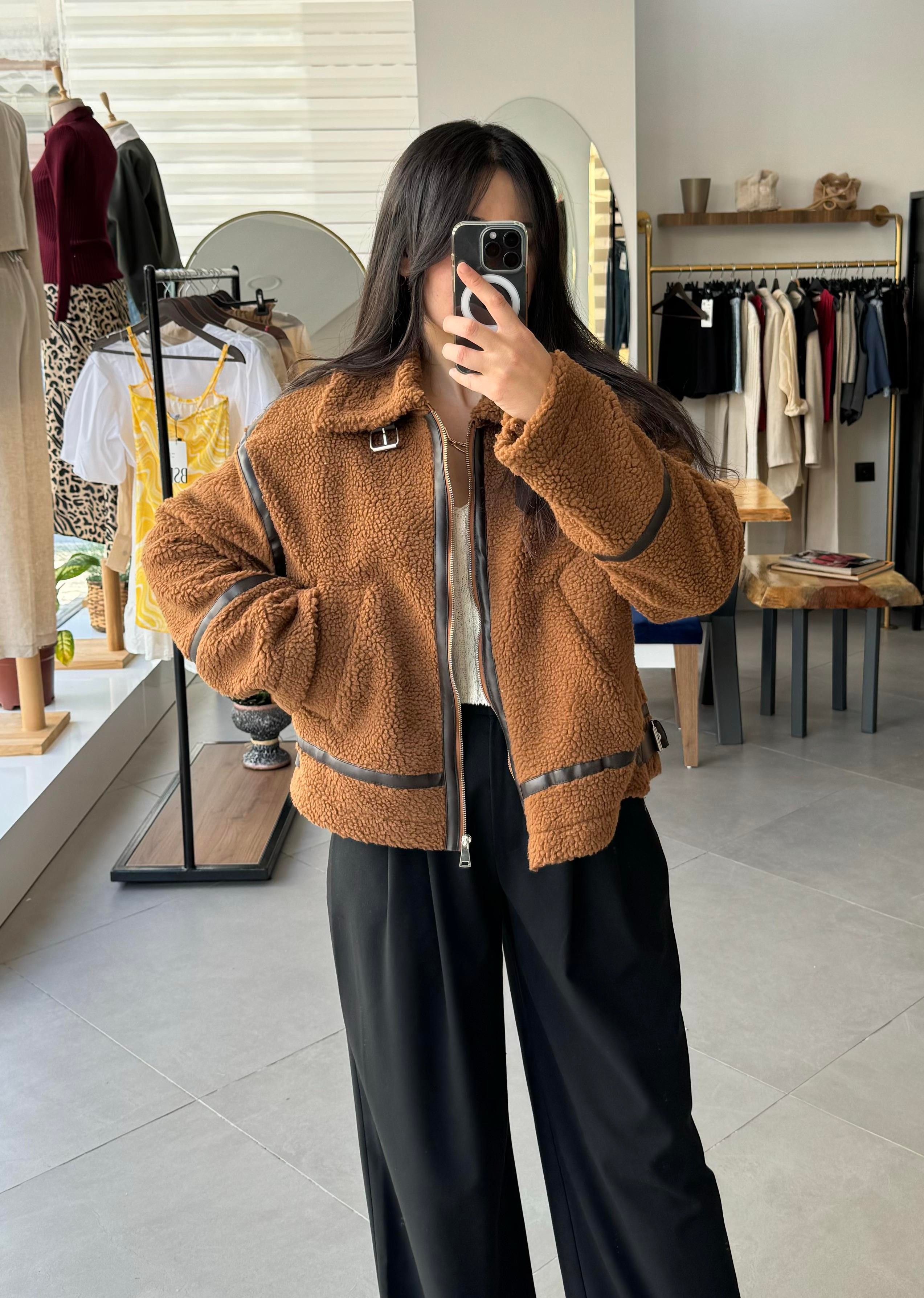 Taba Suni Kürklü Biker Mont