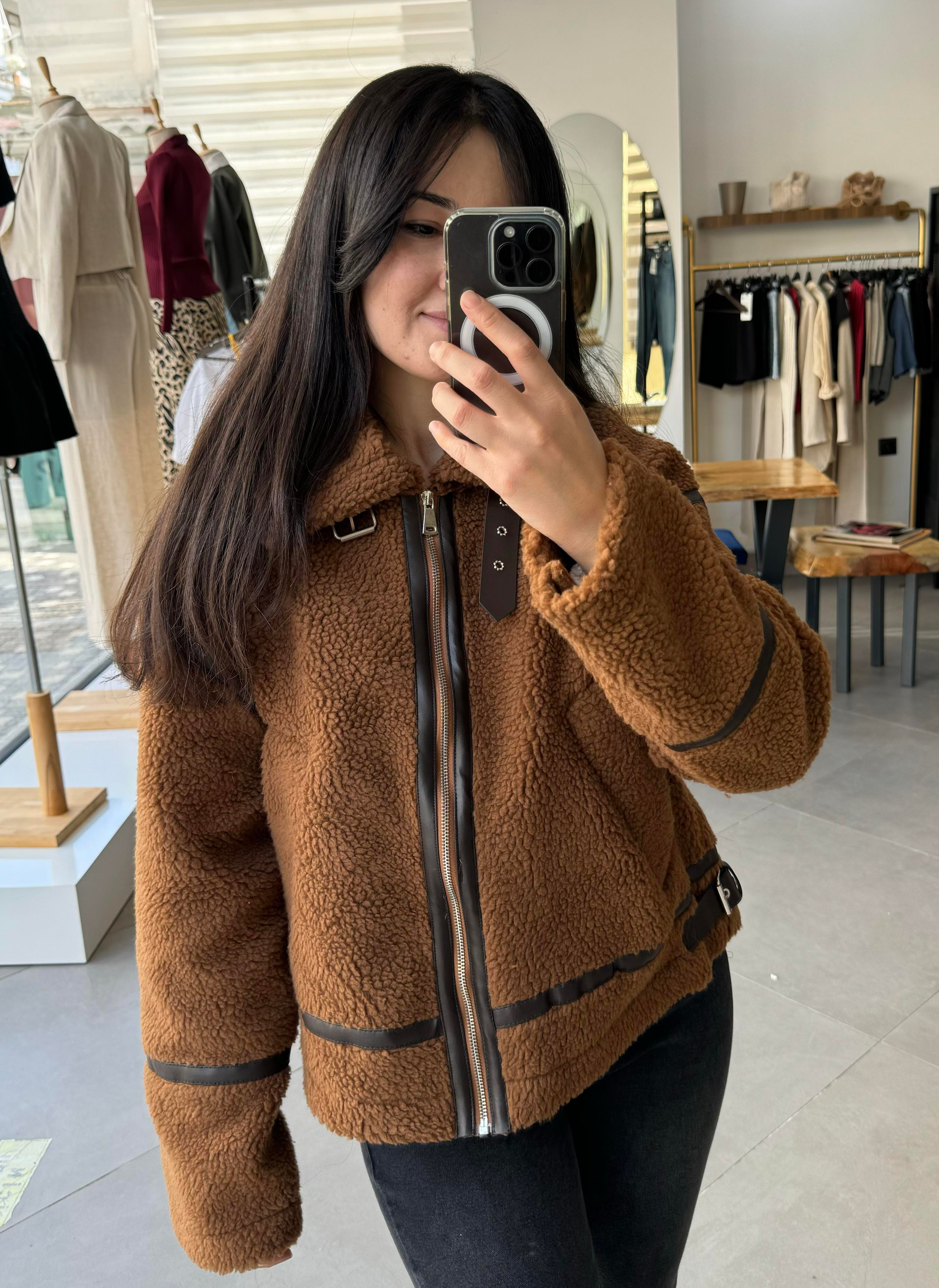 Taba Suni Kürklü Biker Mont