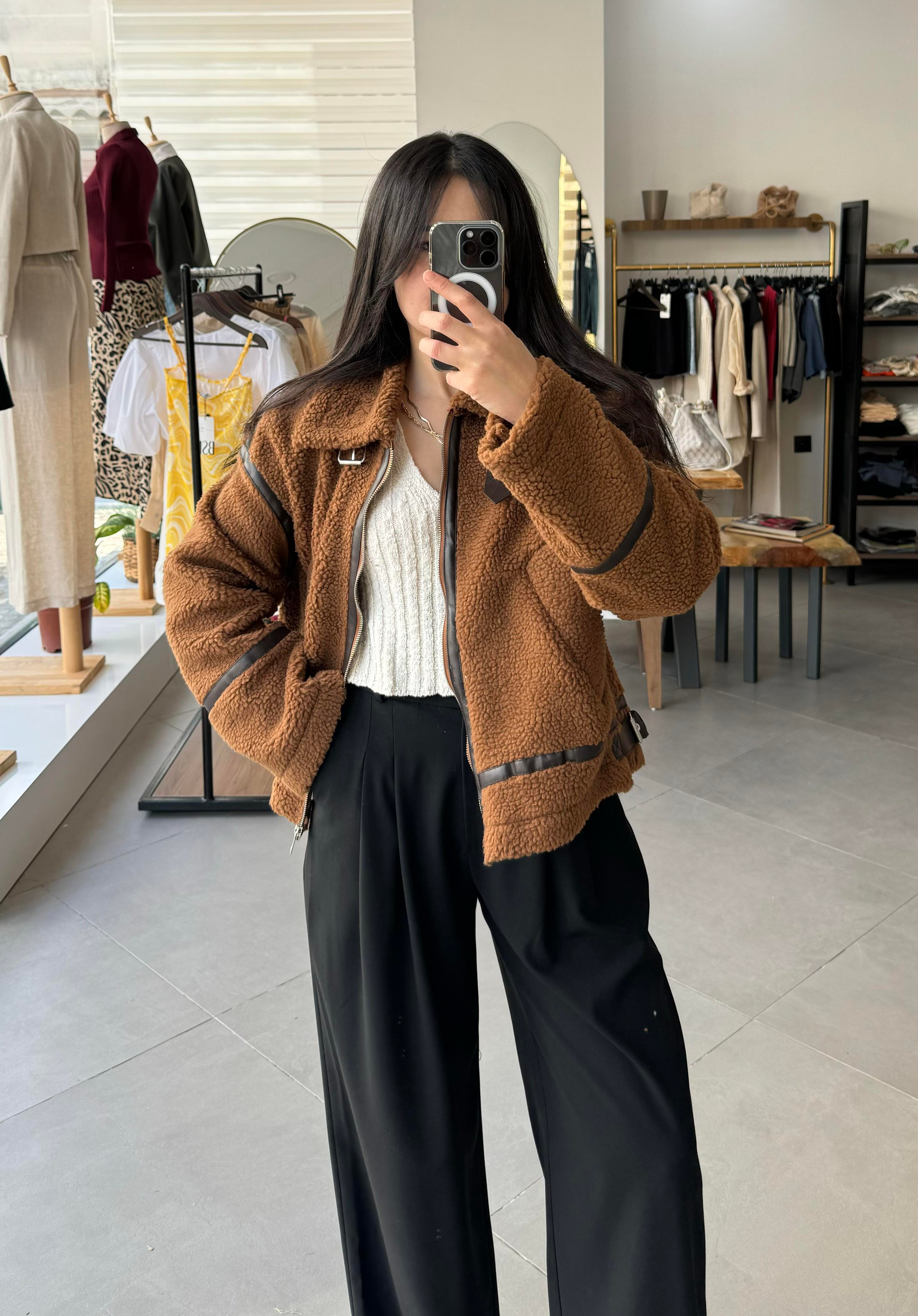 Taba Suni Kürklü Biker Mont