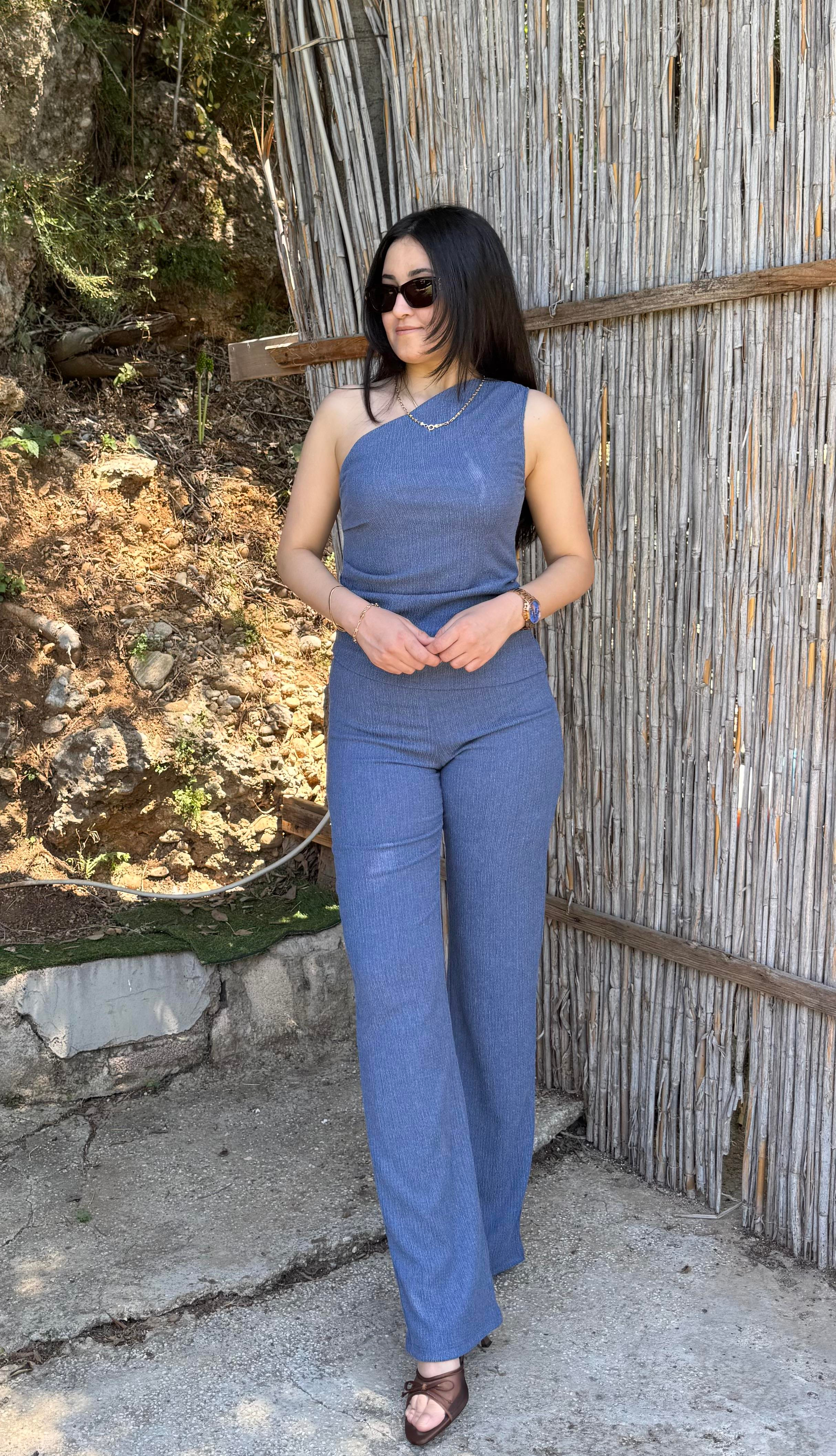 Tek Omuz Bluz Bel Lastik Detaylı Pantlon İndigo Takım