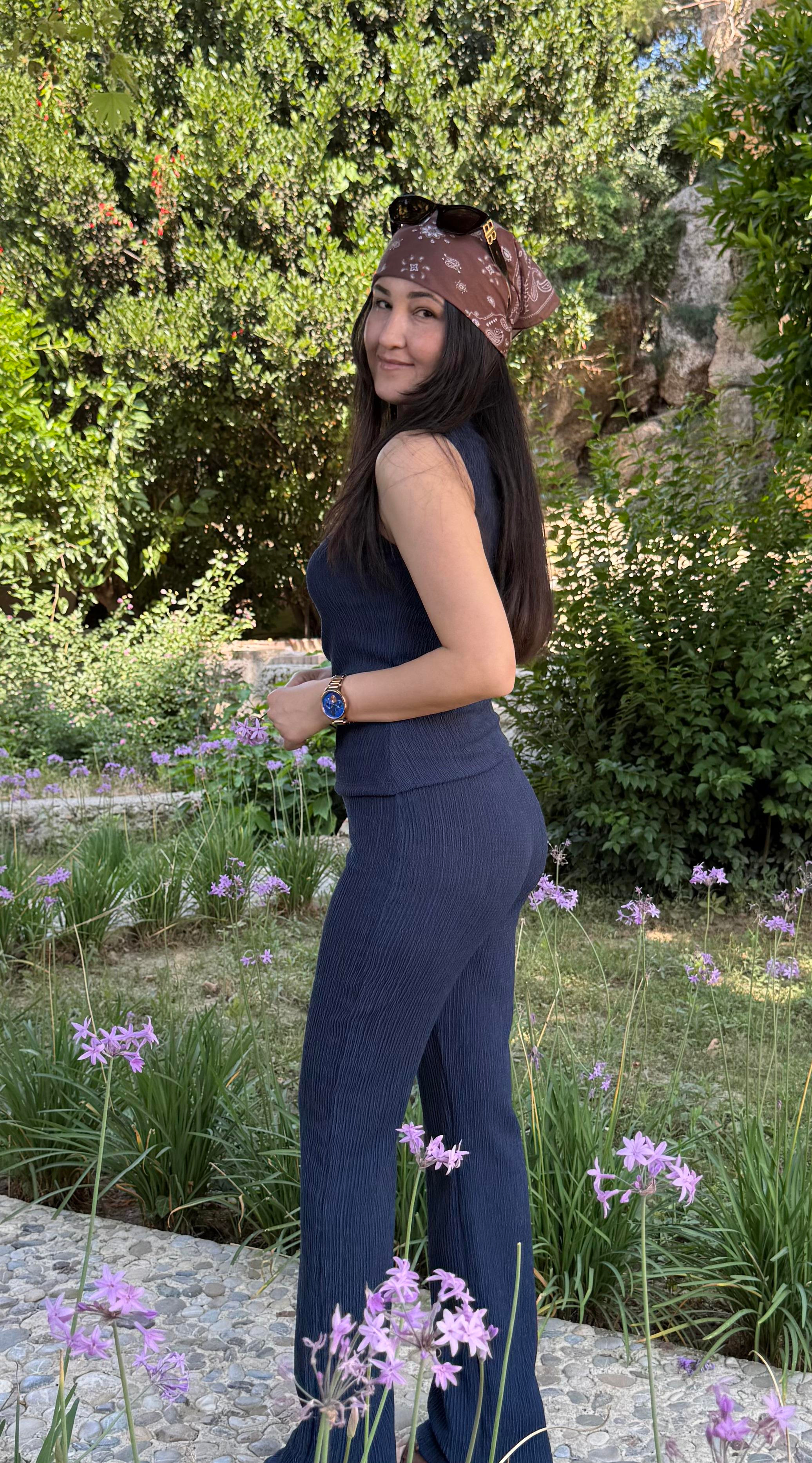 Tek Omuz Bluz Bel Lastik Detaylı Pantlon Lacivert Takım