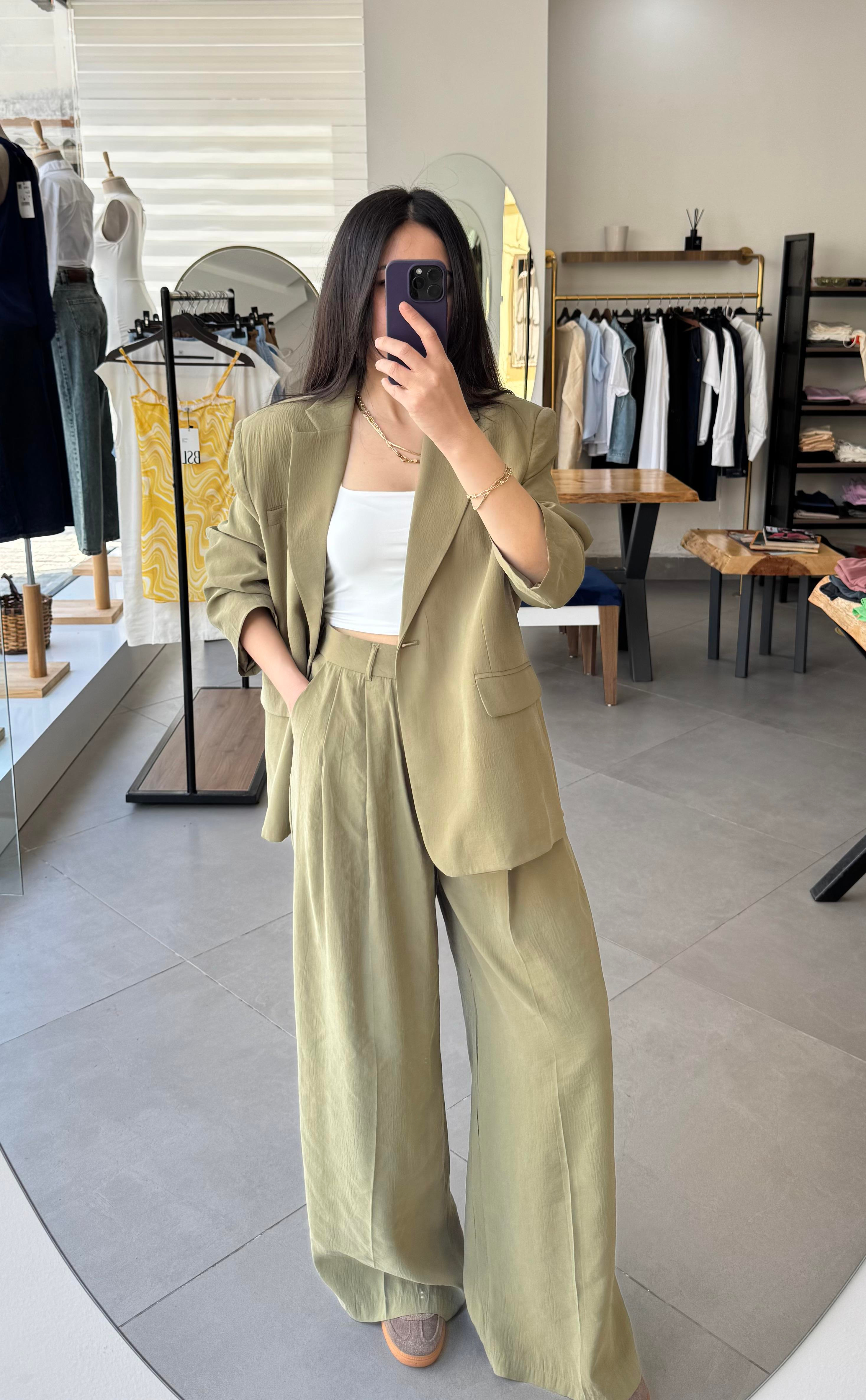 Tensel Kumaş Kelebek Astarlı Haki Blazer Ceket