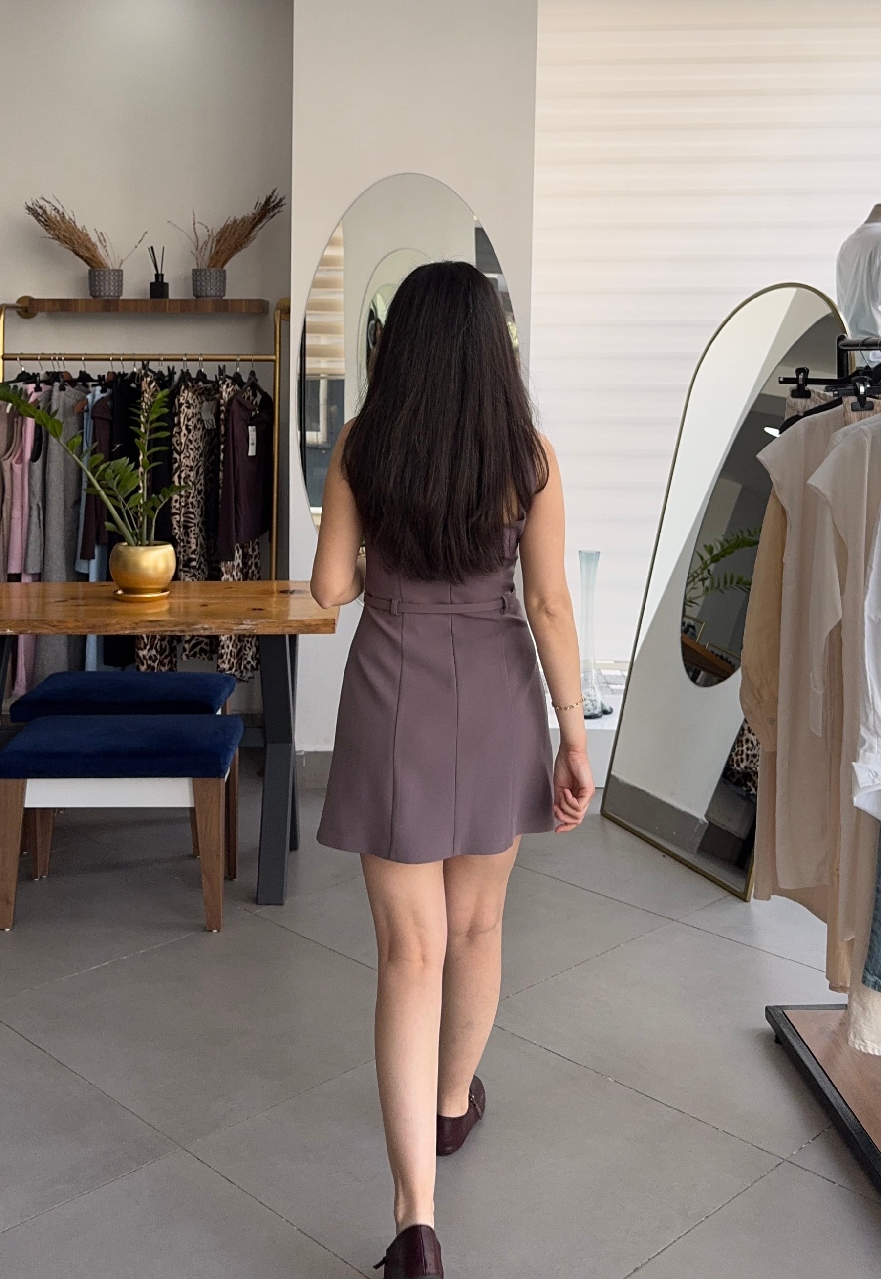 Vizon Kare Yaka Askılı Kemer Detay Astarlı Mini Elbise