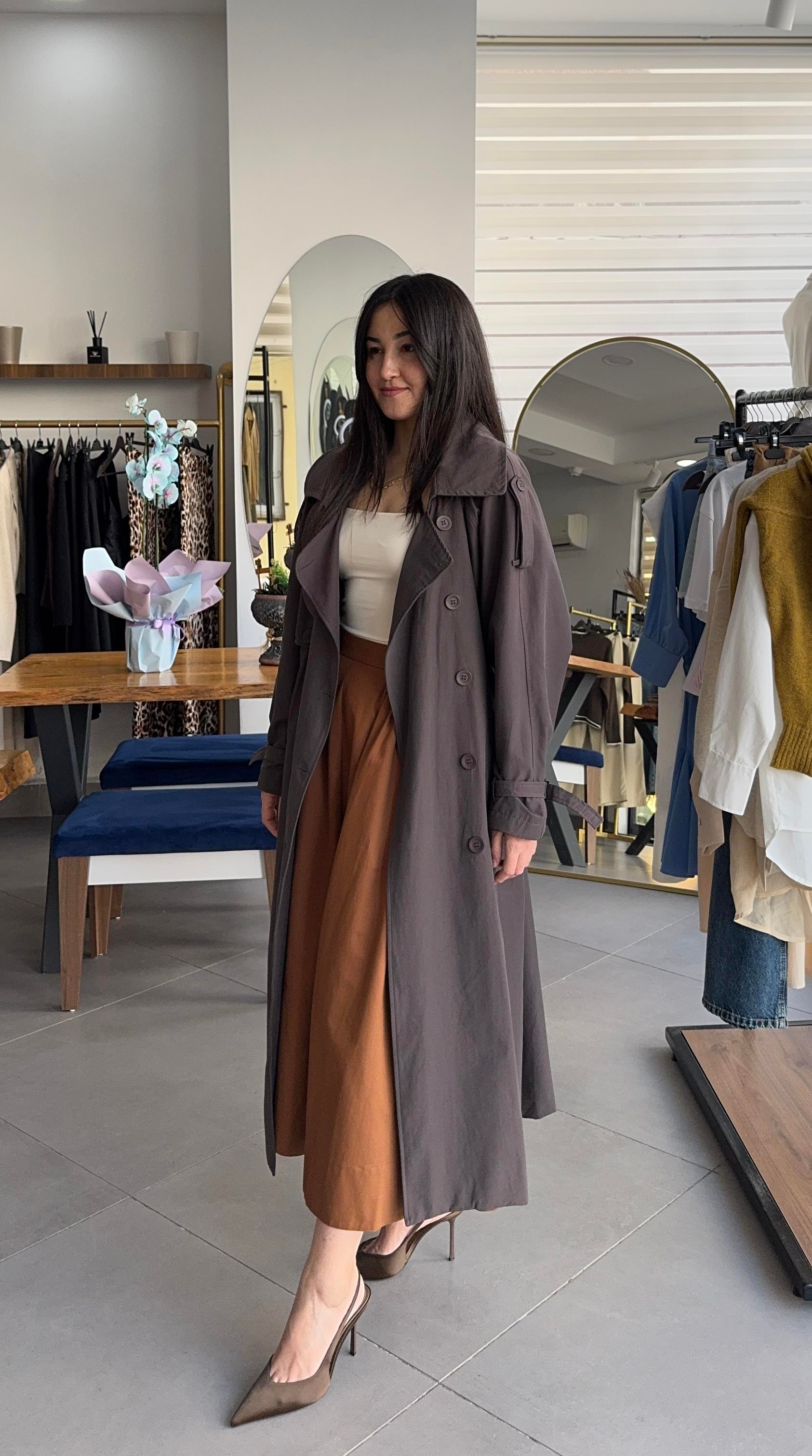 Volanlı Cep Detaylı Pileli Kahve Midi Etek
