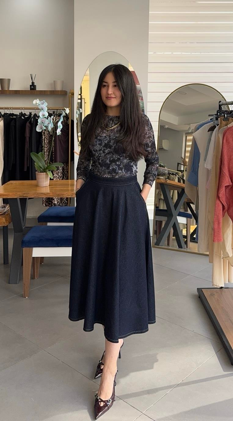 Volanlı Lacivert Midi Denim Etek
