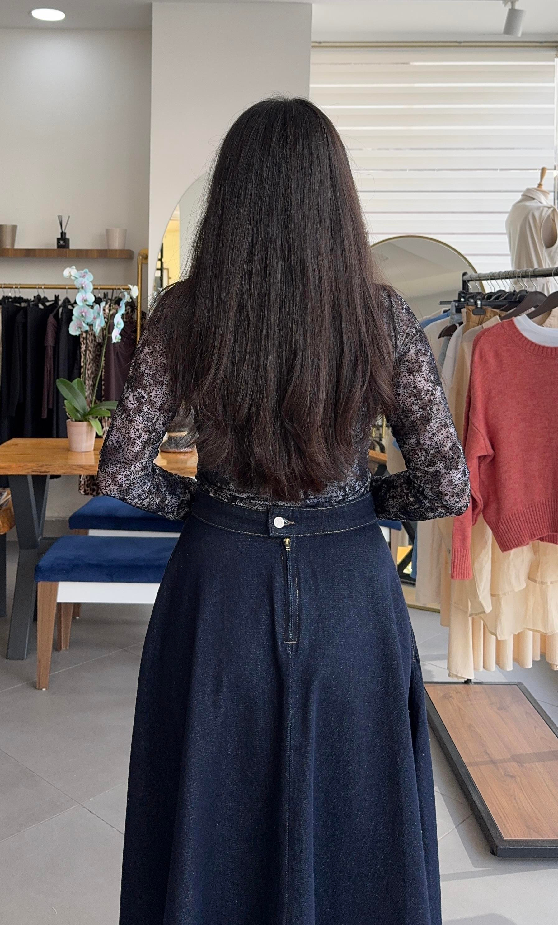 Volanlı Lacivert Midi Denim Etek