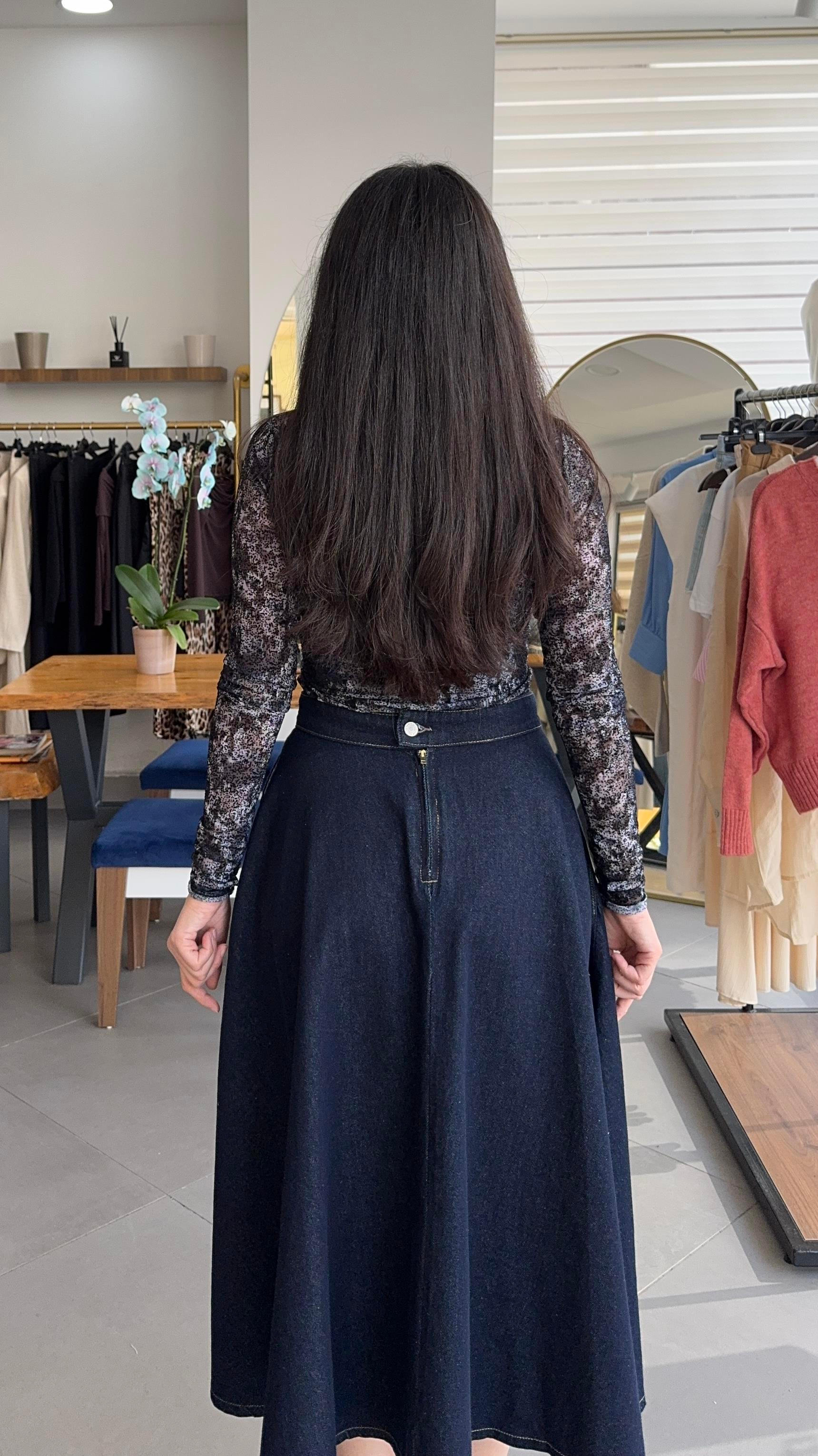 Volanlı Lacivert Midi Denim Etek