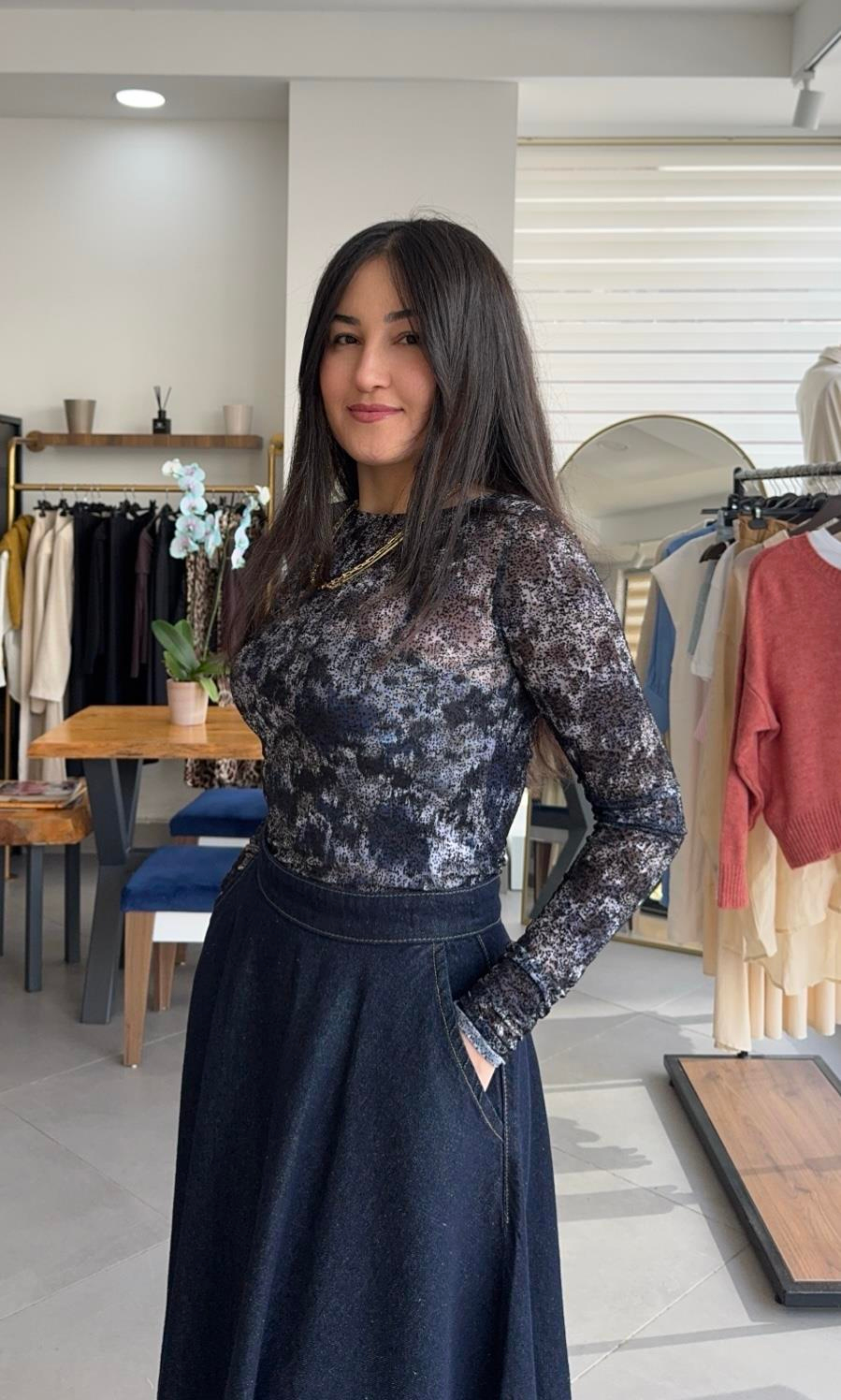 Volanlı Lacivert Midi Denim Etek