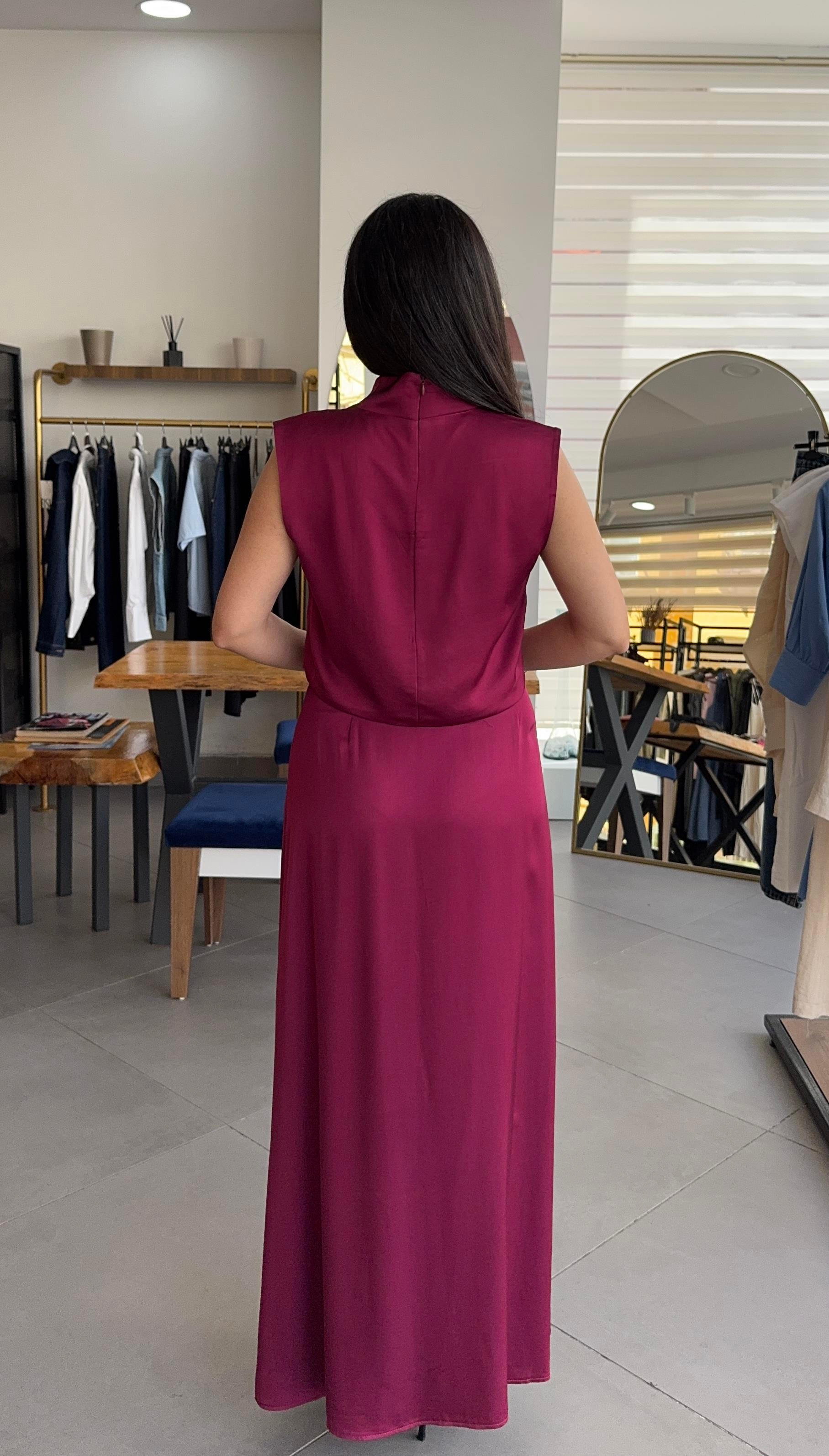Yan Fermuar Detaylı Bordo Maksi Saten Etek
