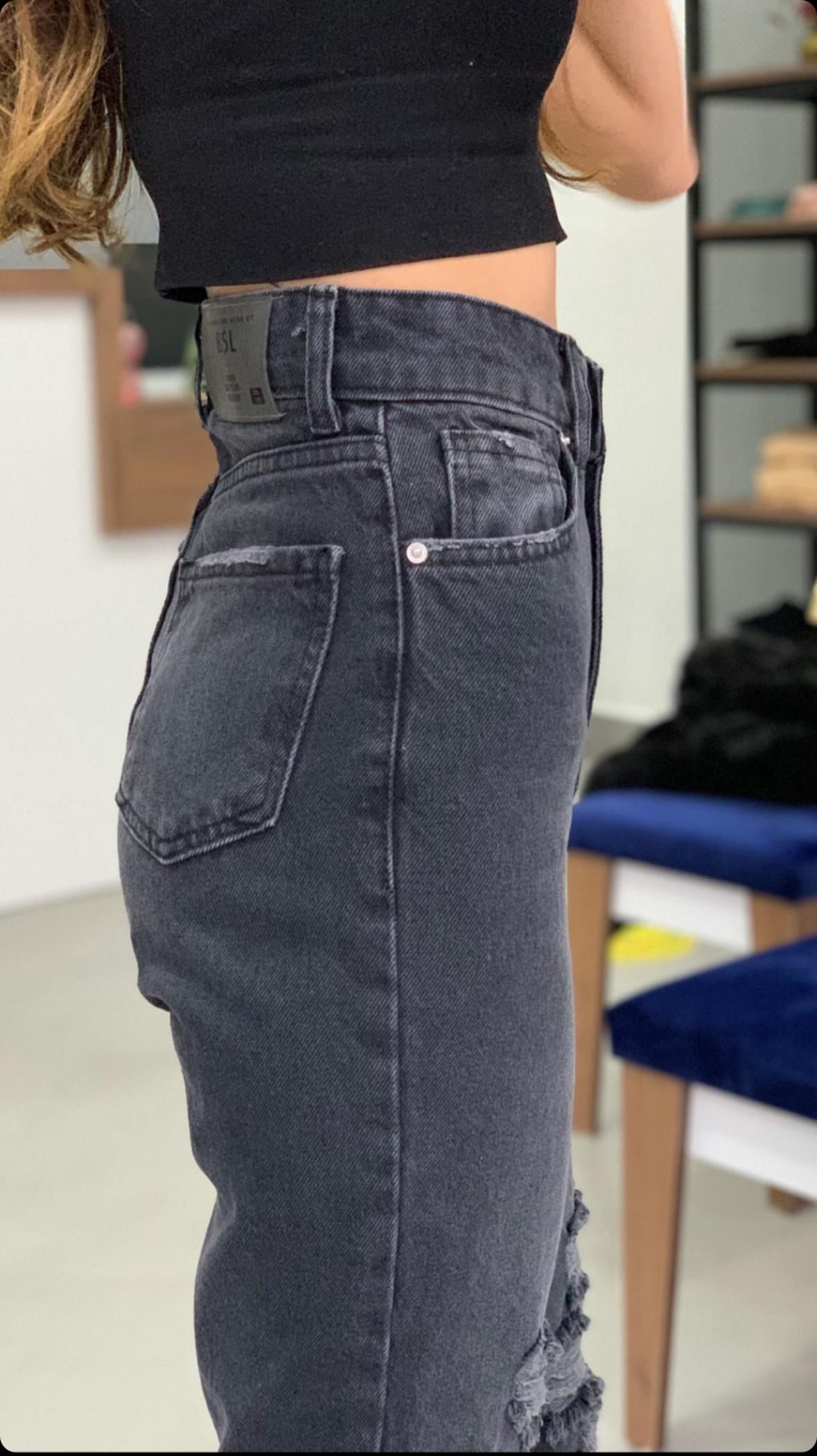 Yüksek Bel Yırtık Antrasit Jean Pantolon