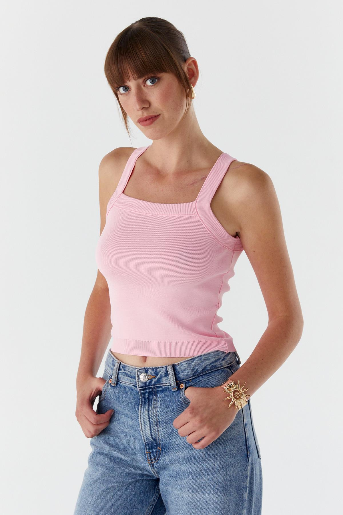 Askılı Triko Bluz PEMBE