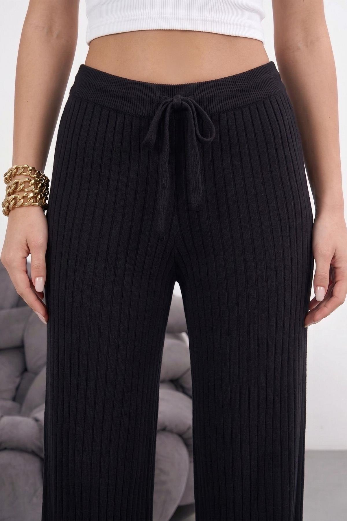 Beli Bağcıklı Triko Pantolon SIYAH