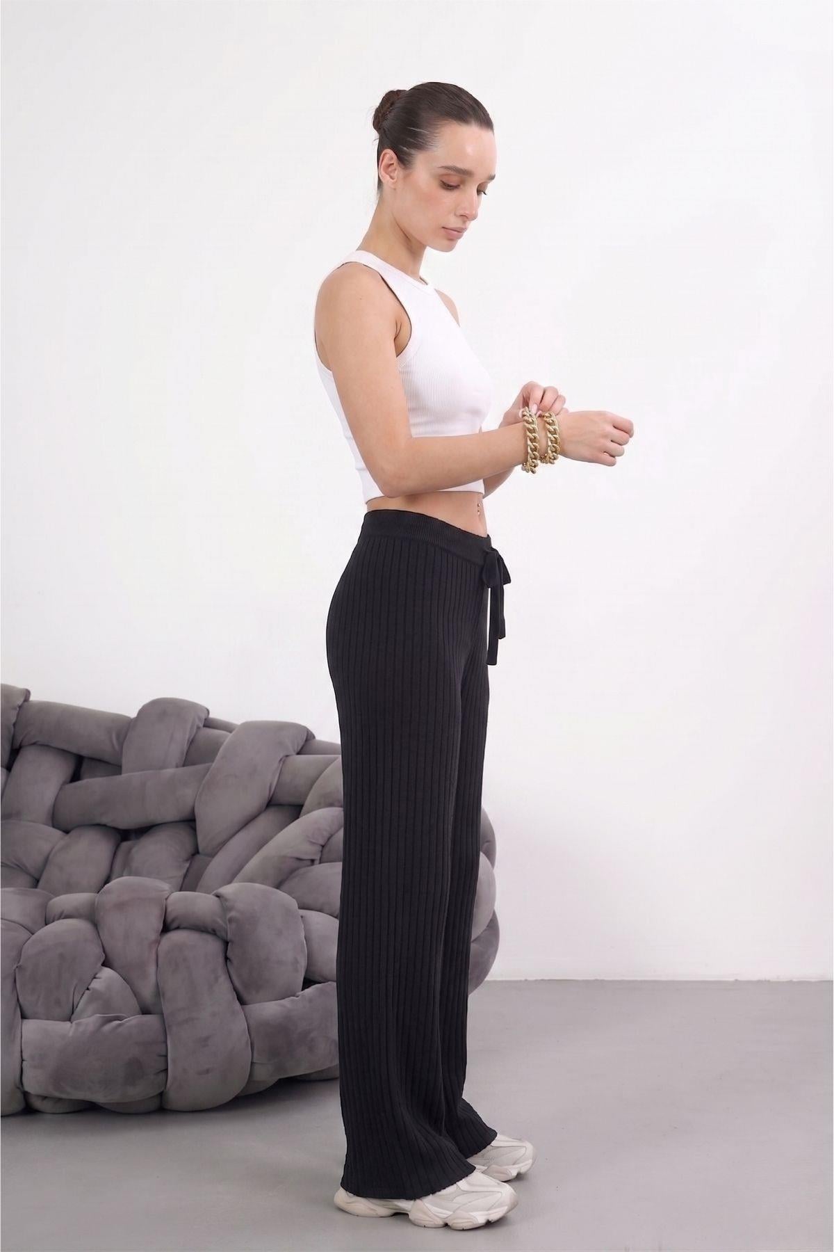 Beli Bağcıklı Triko Pantolon SIYAH