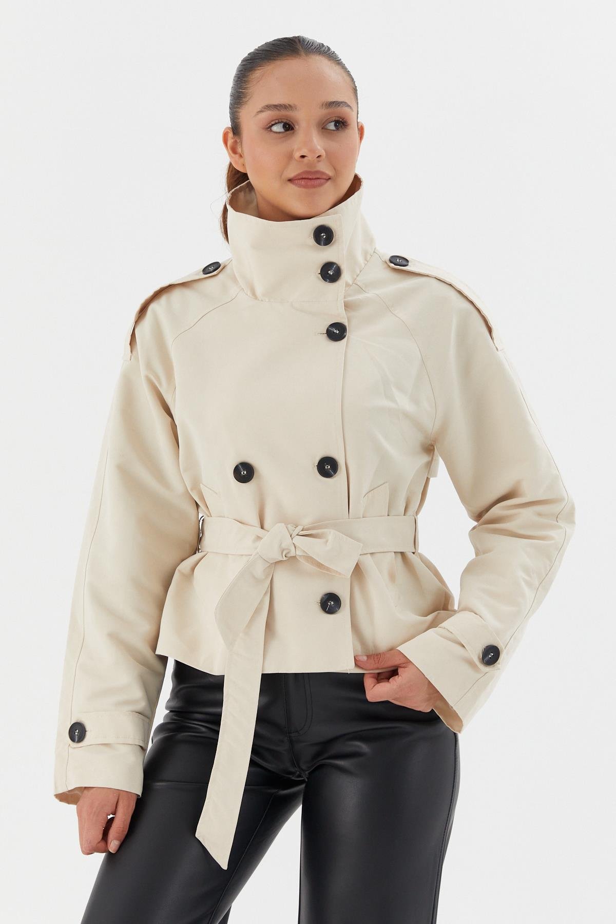 Beli Kuşaklı Crop Trençkot EKRU