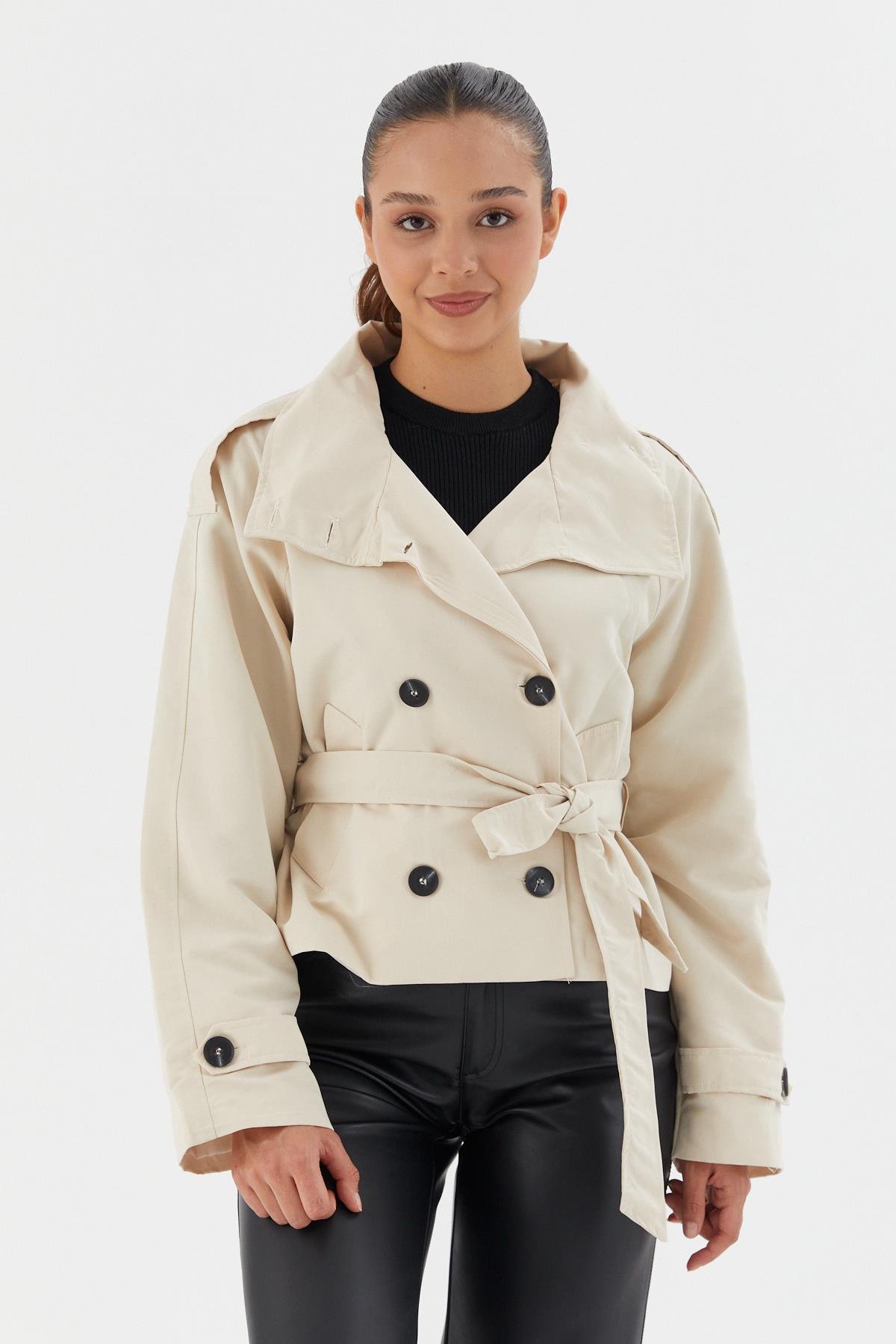 Beli Kuşaklı Crop Trençkot EKRU