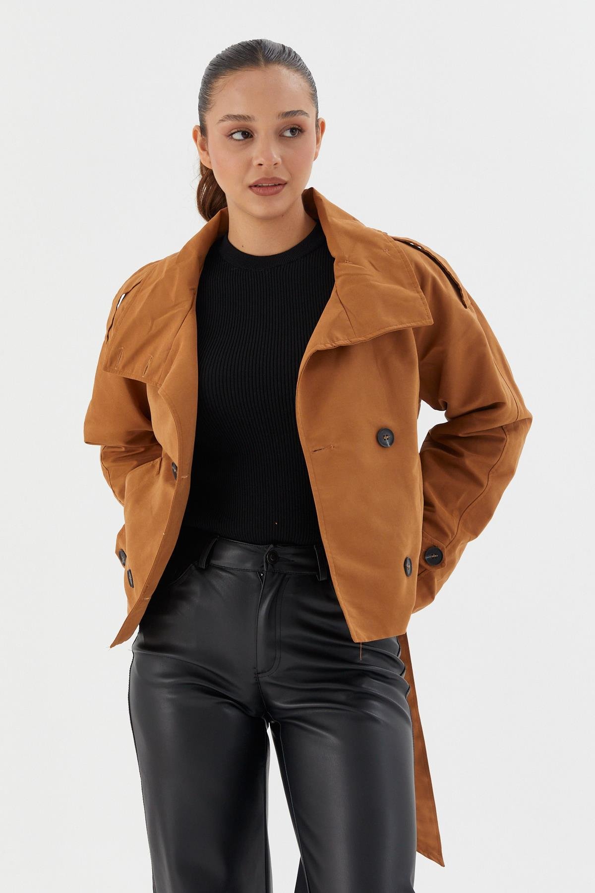 Beli Kuşaklı Crop Trençkot KAHVE