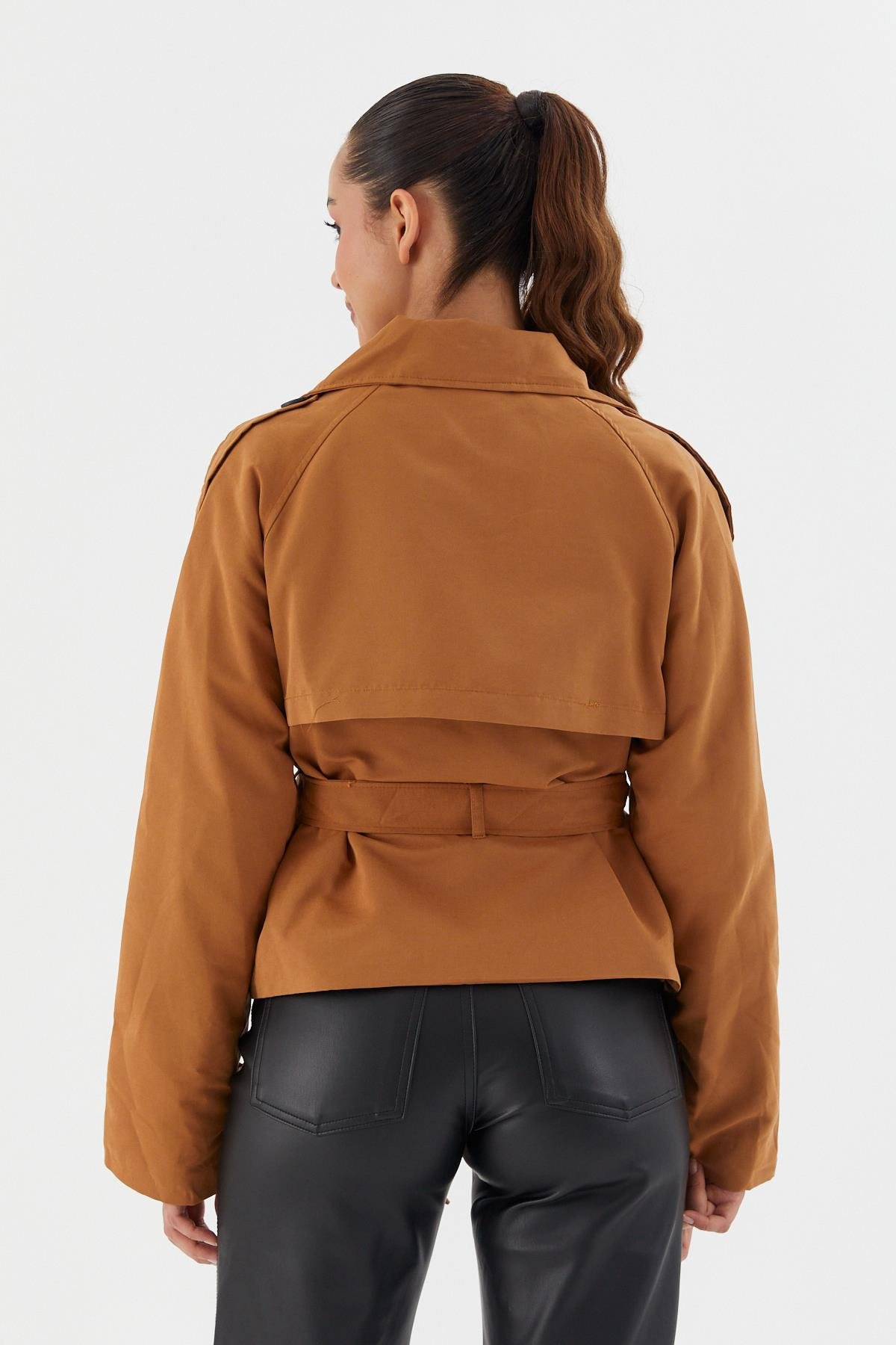 Beli Kuşaklı Crop Trençkot KAHVE