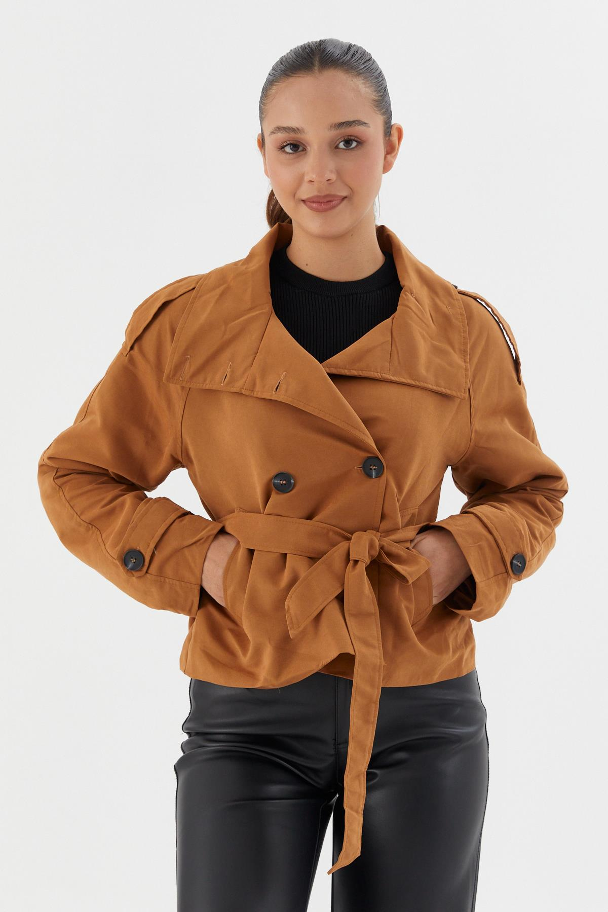 Beli Kuşaklı Crop Trençkot KAHVE