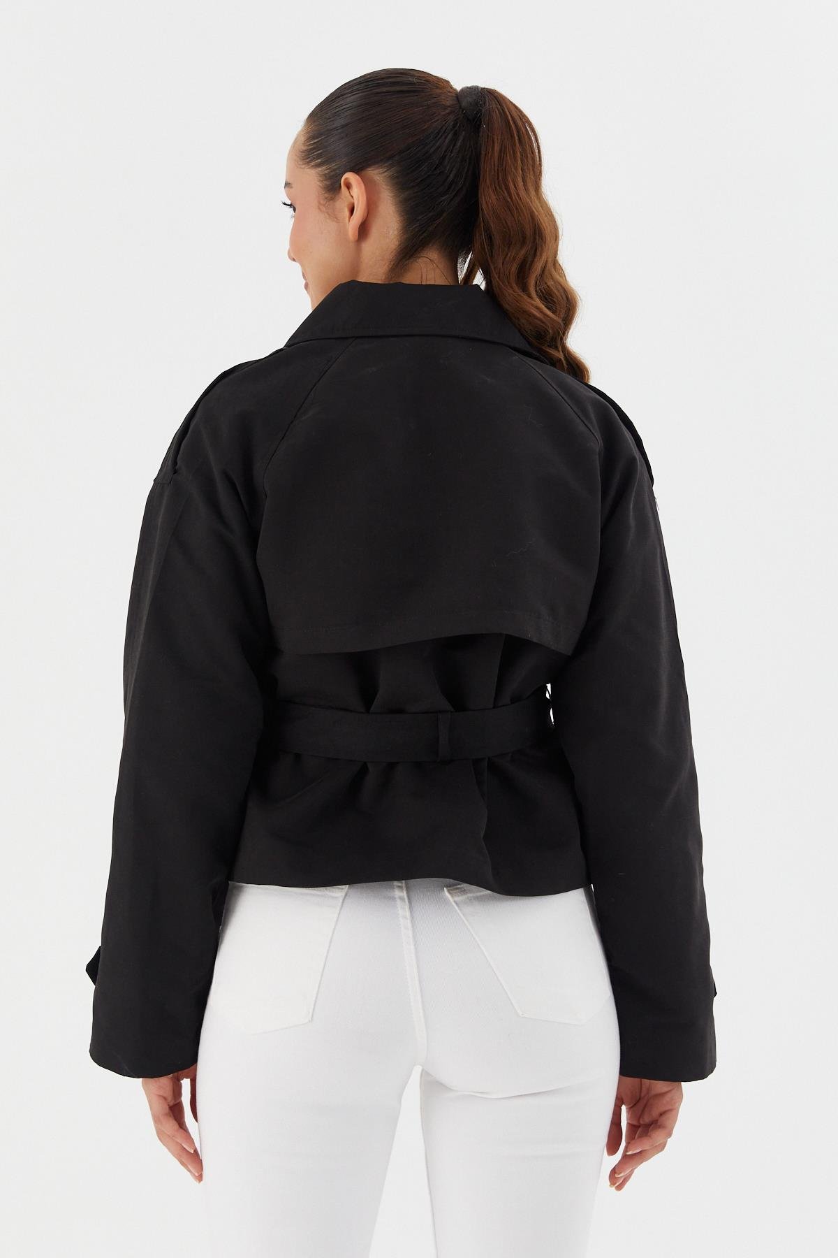 Beli Kuşaklı Crop Trençkot SIYAH