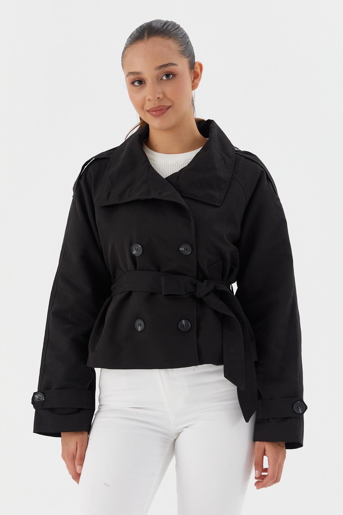 Beli Kuşaklı Crop Trençkot SIYAH